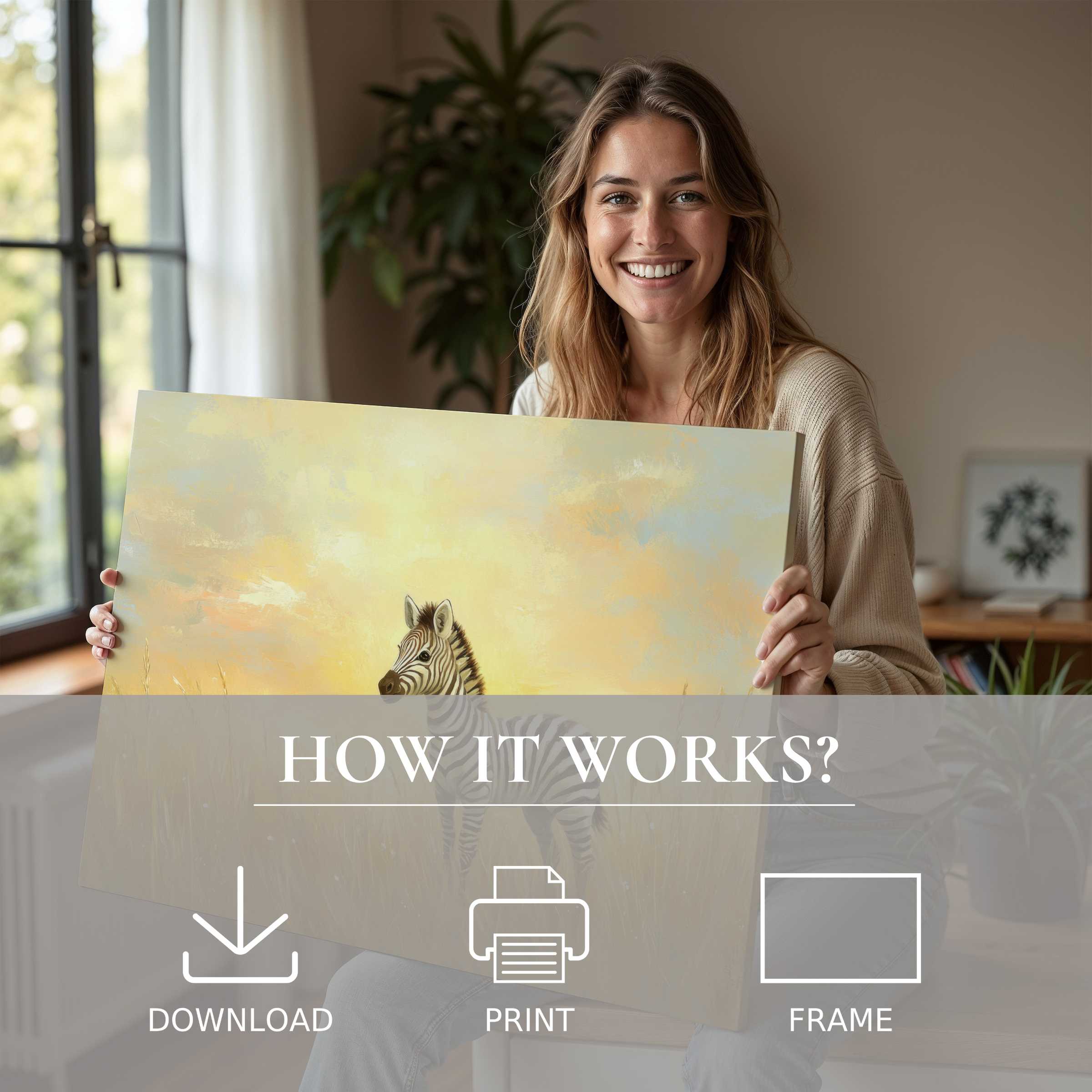 A radiant woman shares a nursery digital art print of a gentle zebra at sunset, embodying joyful connection and effortless elegance