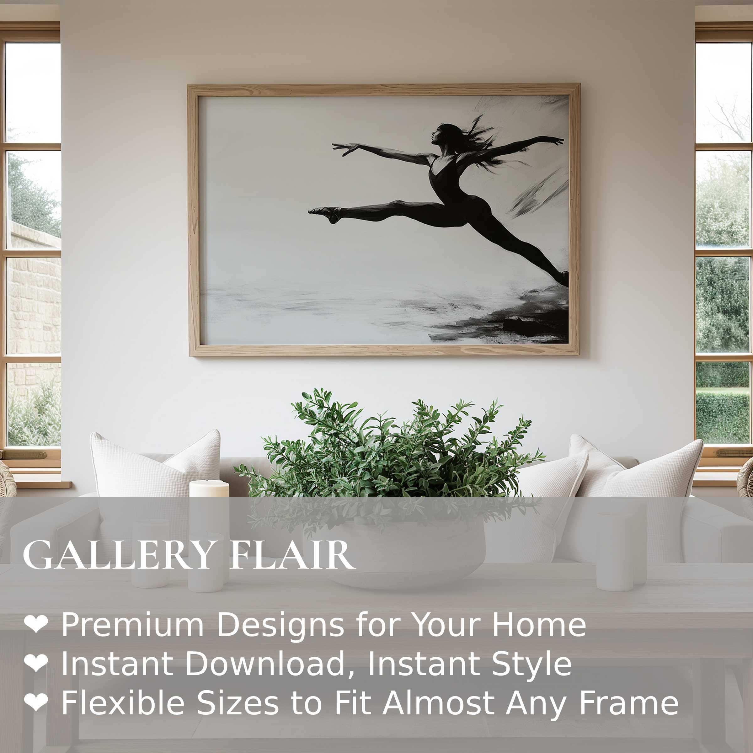 Black and white wall art print of a ballet dancer in mid-leap, offering bold elegance and dynamic movement to modern, minimalist interiors