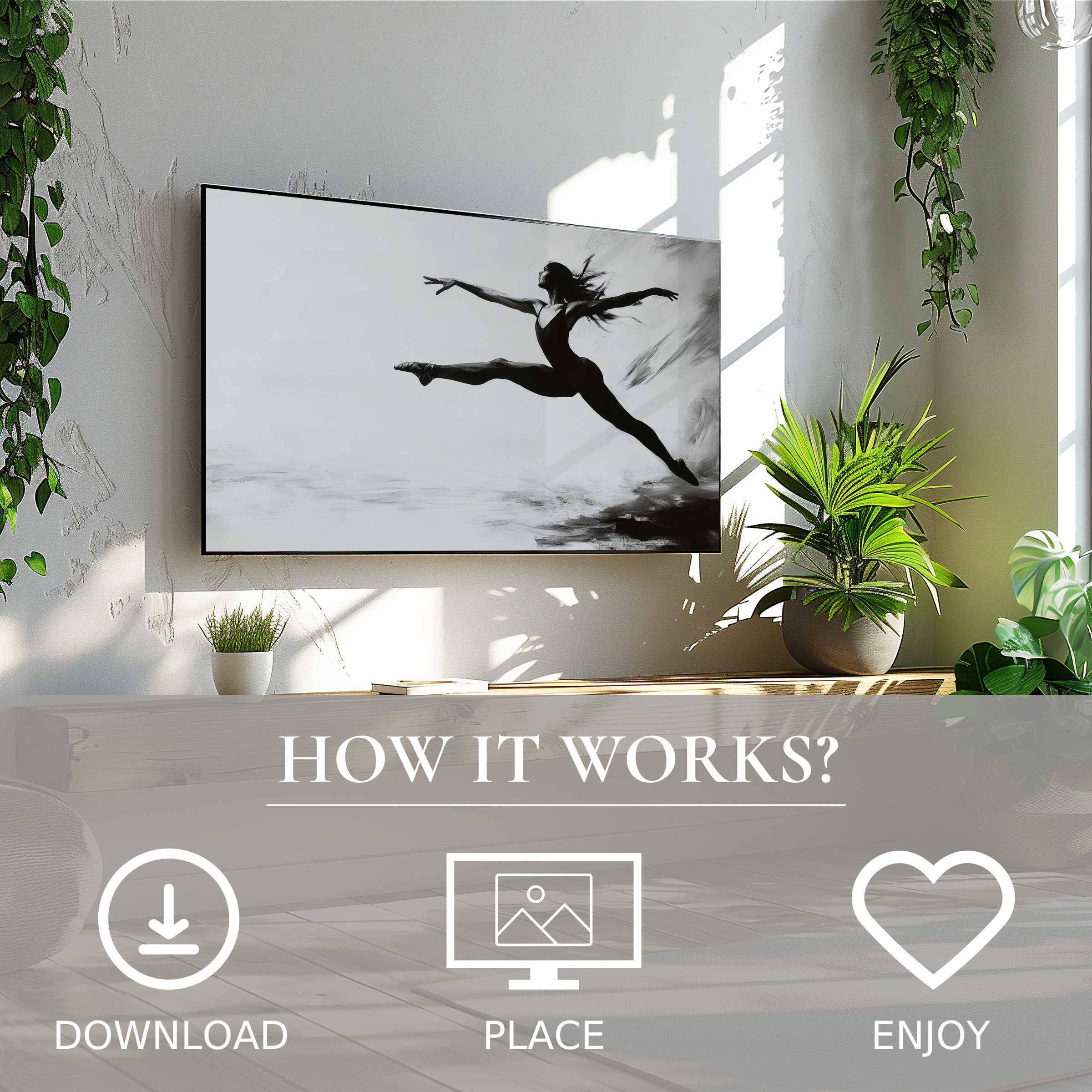 Black and white art for Samsung TV: graceful dancer motif, easy digital download enhances modern living spaces