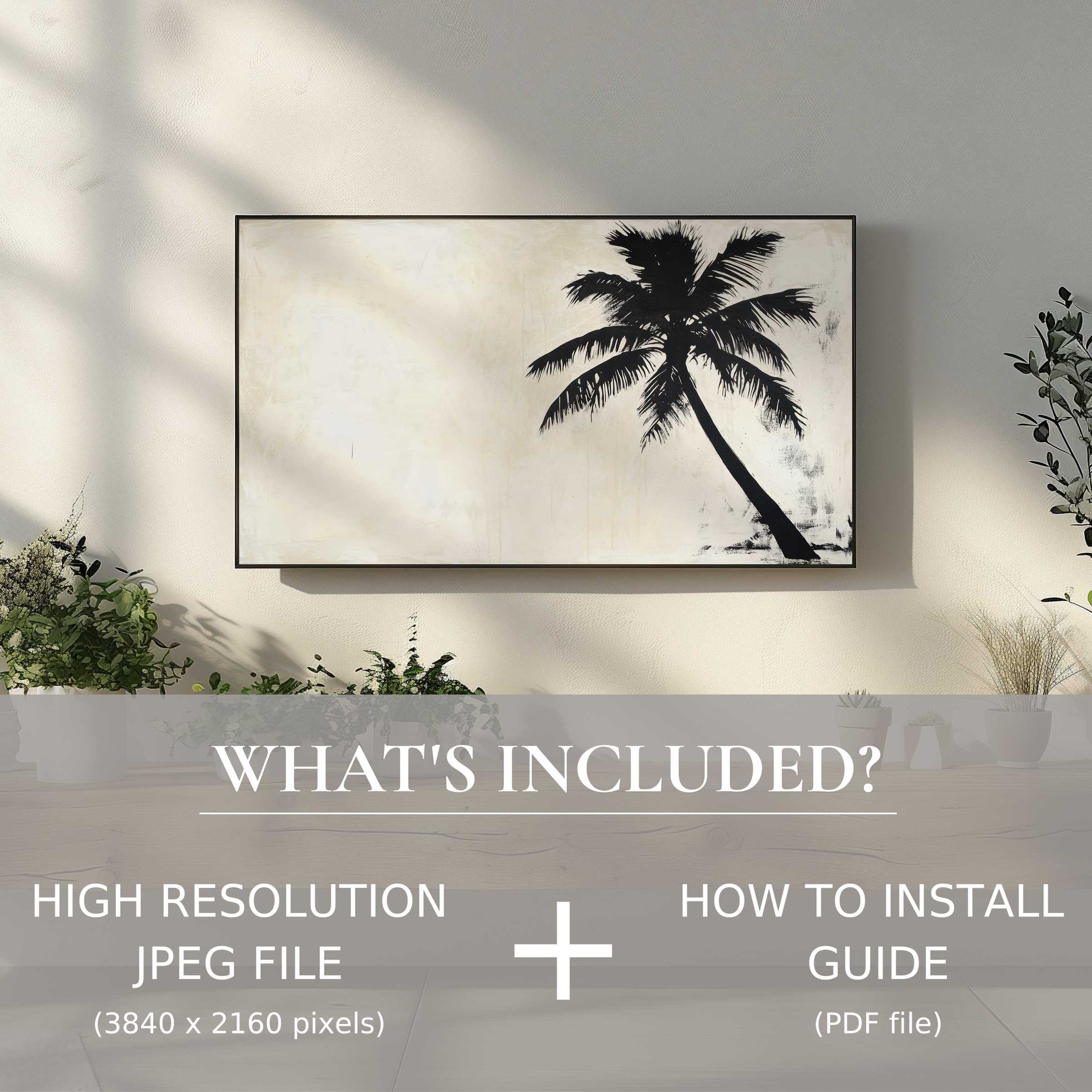 Neutral digital TV art download of sleek palm print, easily uplifting modern living spaces with refined digital ease