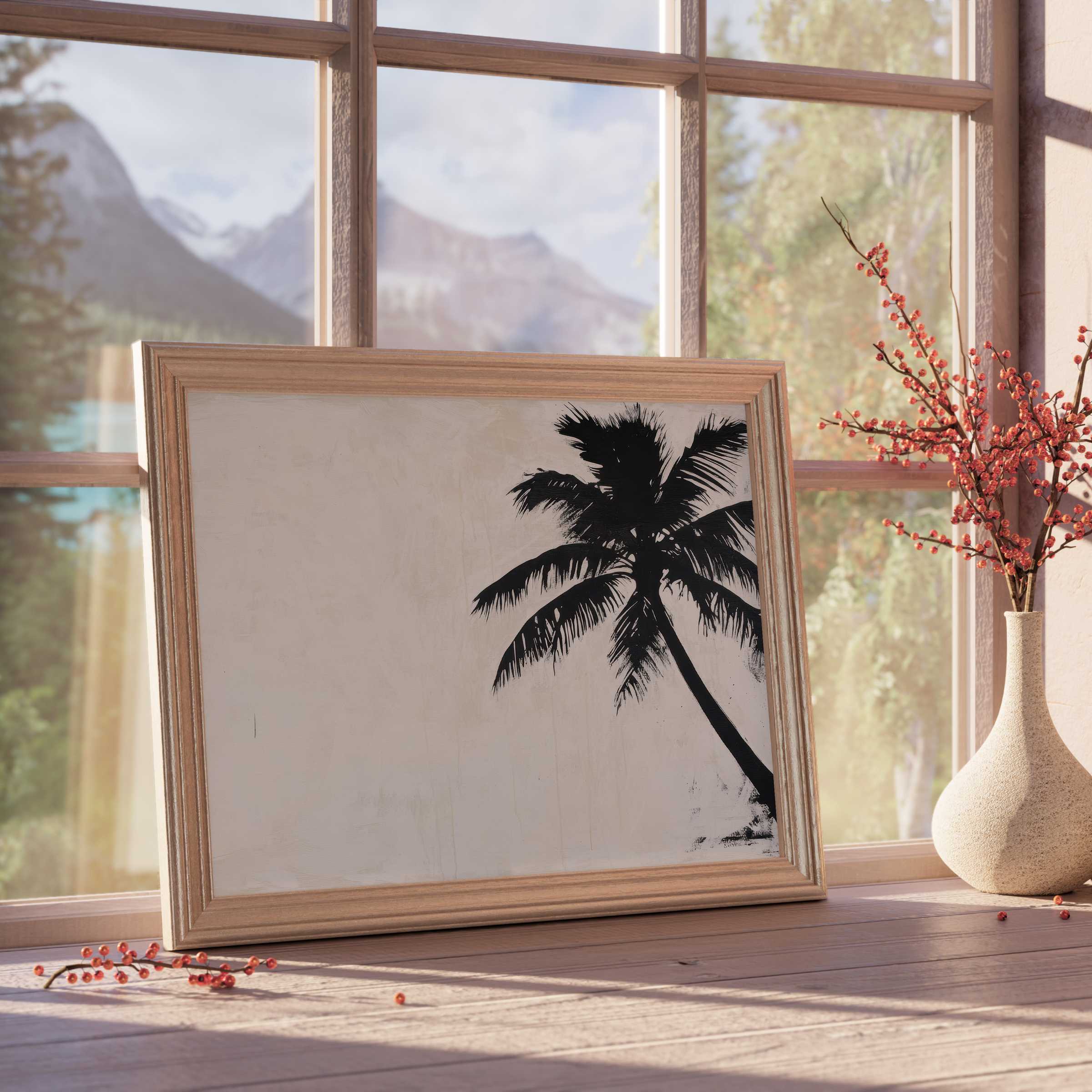 Neutral downloadable art featuring a minimalist palm silhouette in a warm wooden frame, evoking calm and curated tranquility for stylish interiors