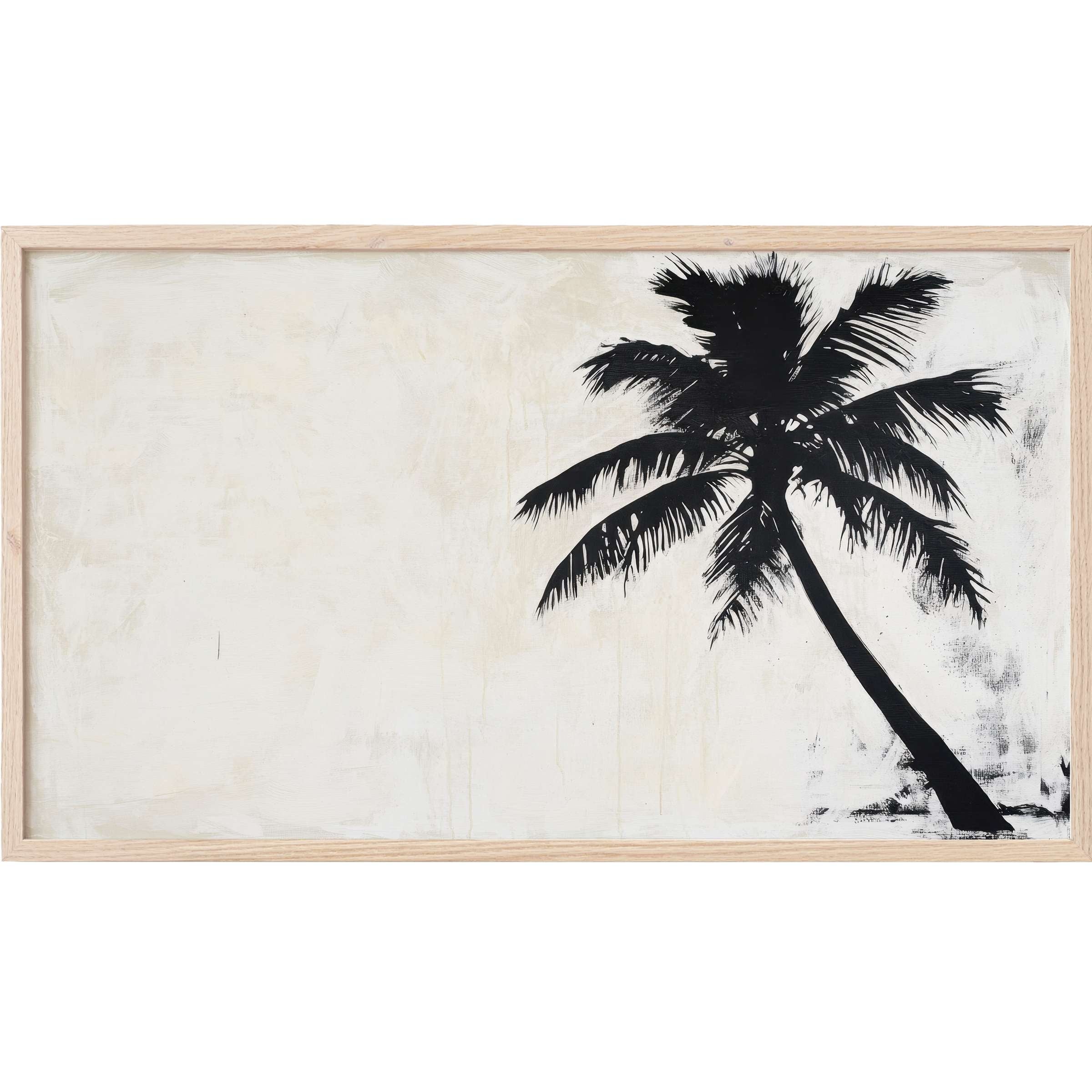 Minimalist black palm silhouette on soft beige background in natural wood frame, perfect neutral Frame TV Art
