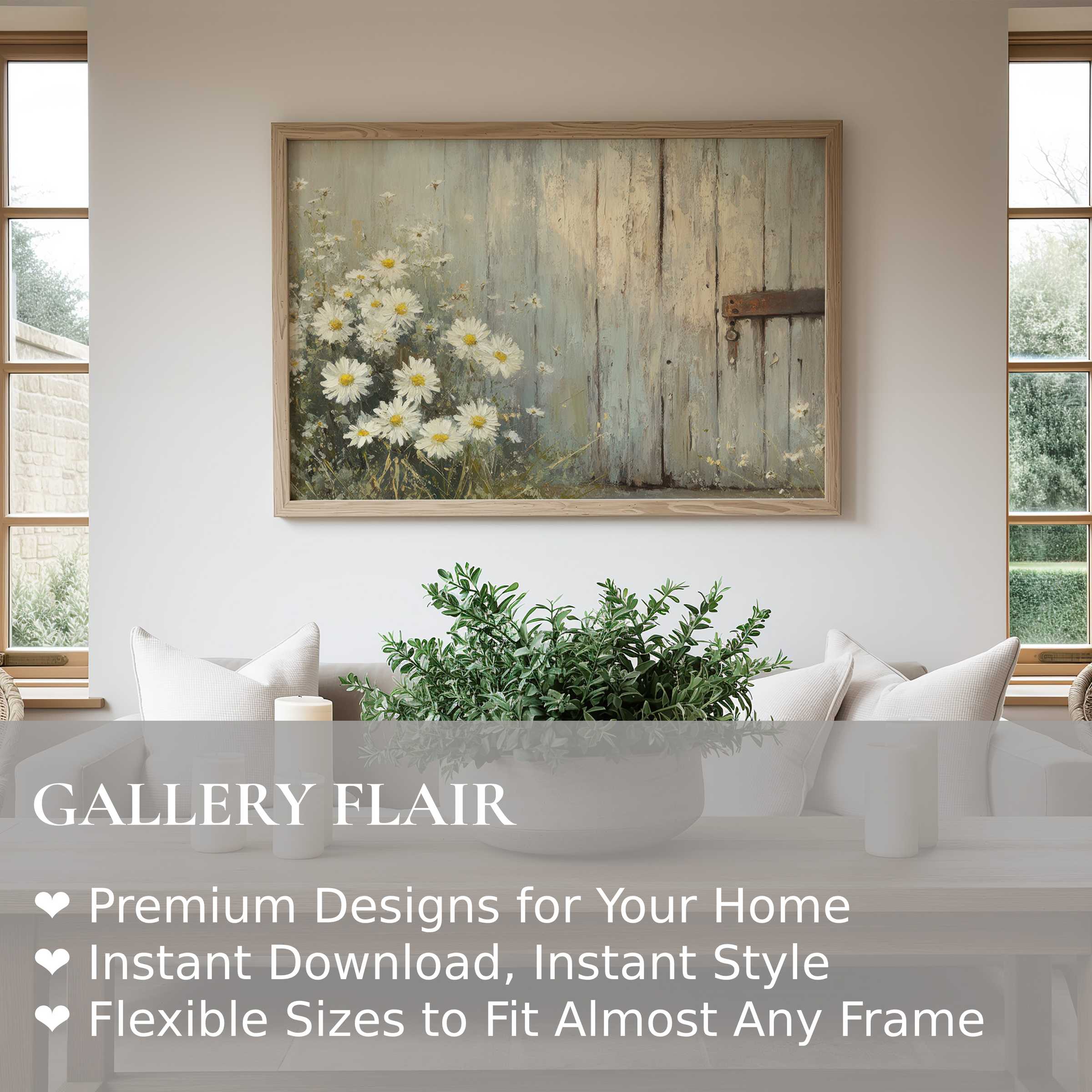 Farmhouse wall art print of delicate daisies by rustic weathered wood evokes soft, calming charm in modern farmhouse interiors