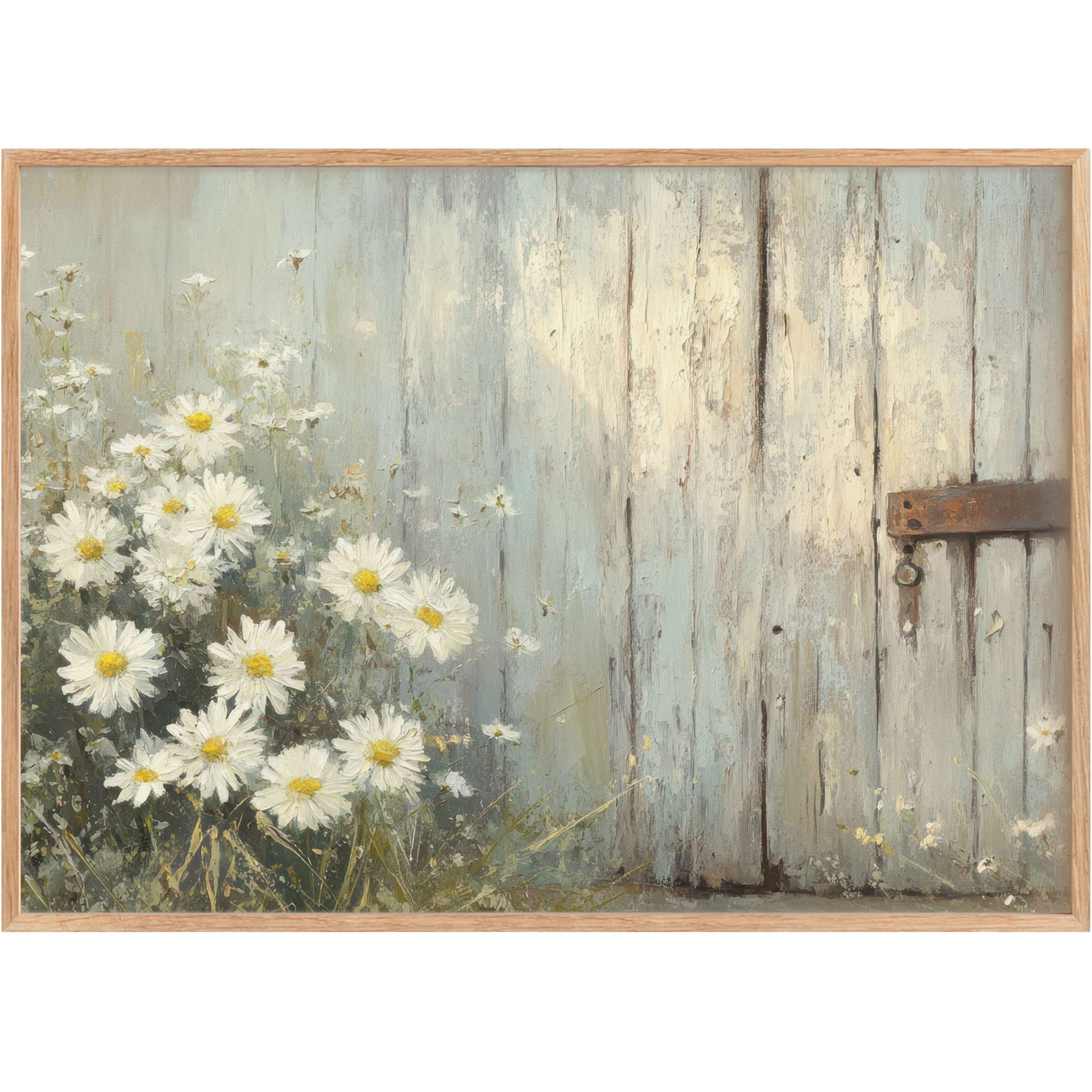 Soft white daisies bloom against weathered blue-gray wood, evoking serene charm in farmhouse printable wall art