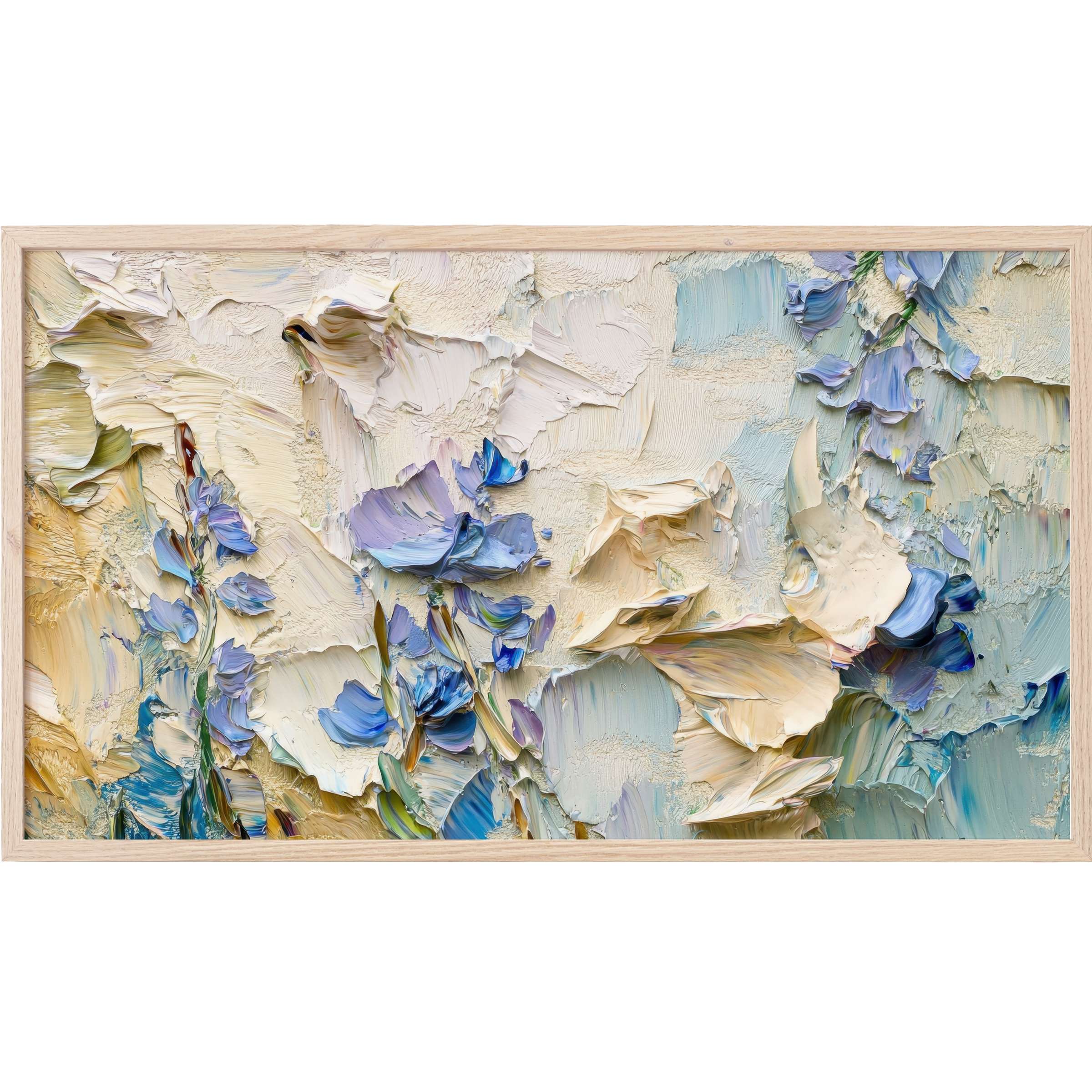 Elegant botanical Frame TV Art with textured impasto flowers in soft blues, creams, and muted greens for modern decor