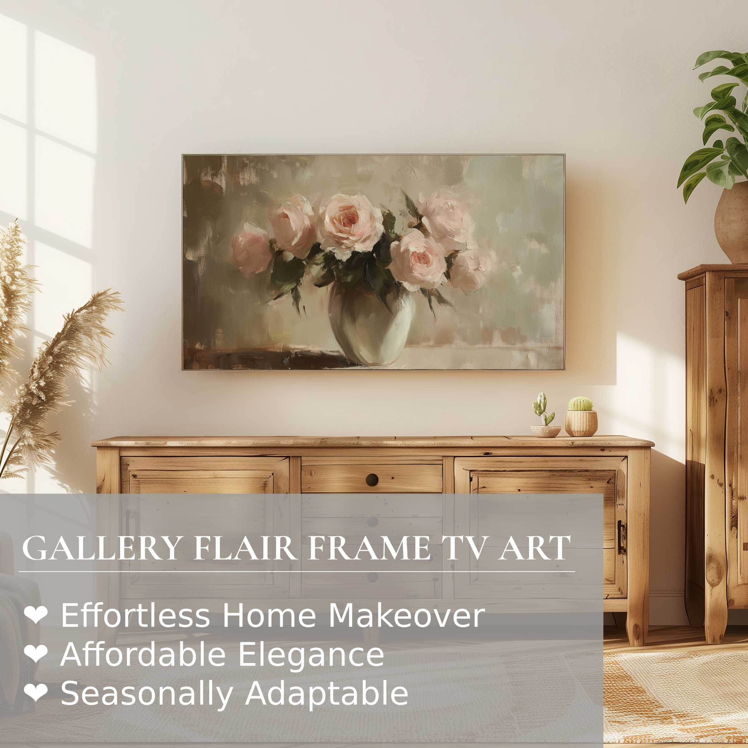 Samsung Frame TV displays elegant floral digital artwork of pink roses, enhancing warm, modern minimalistic decor