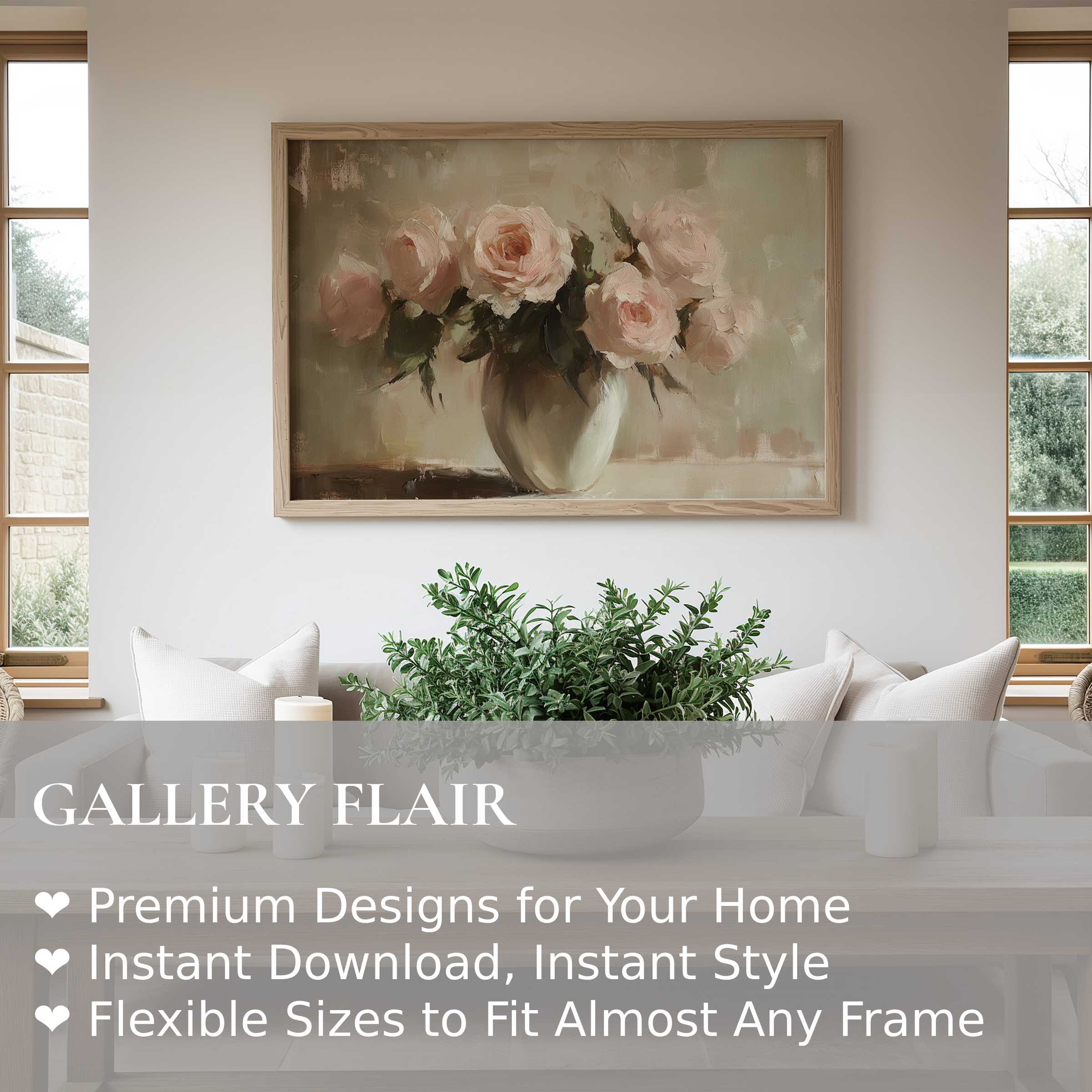 Delicate floral wall art print featuring soft pink roses in a serene vase, enriching a modern minimalist living space with timeless elegance and calming warmth