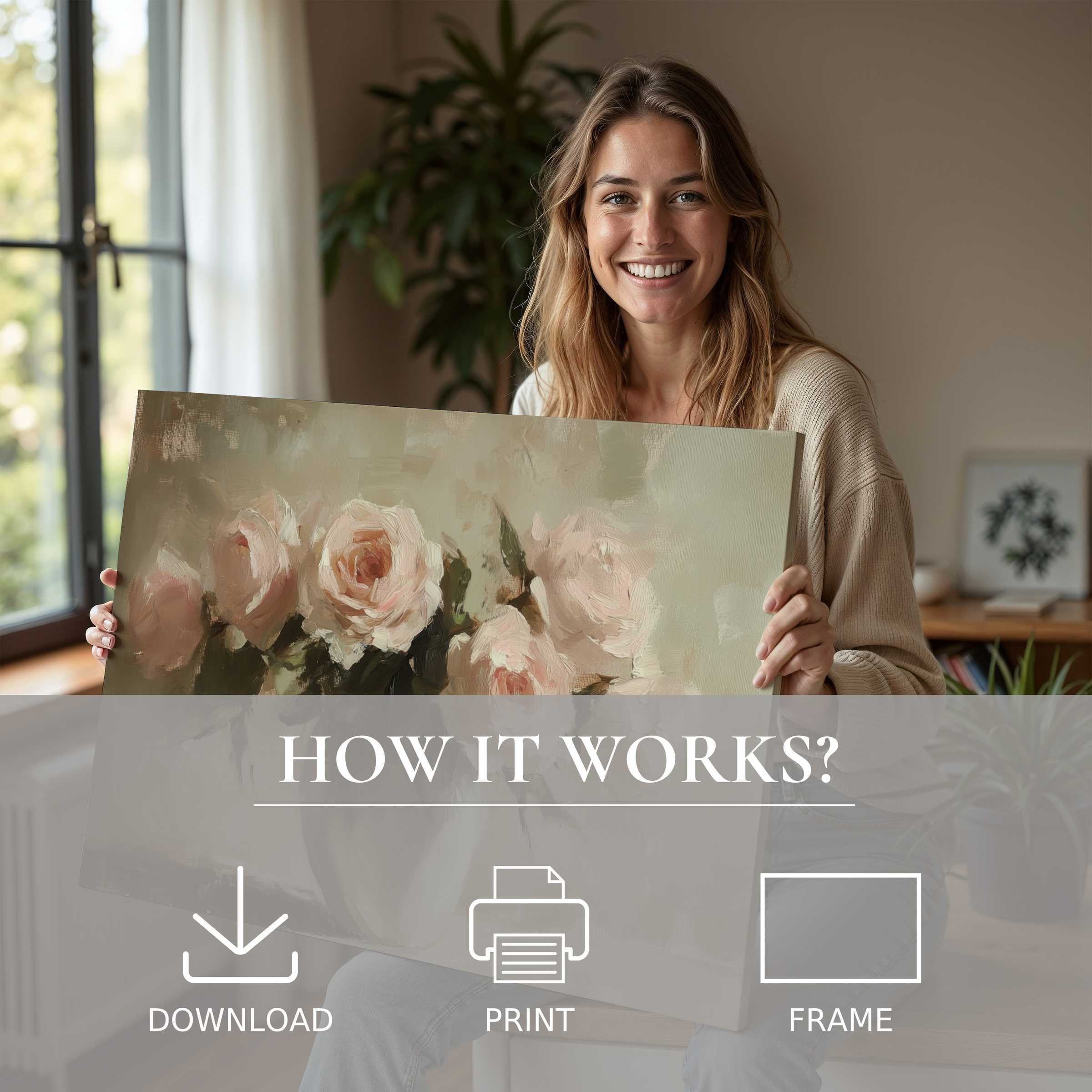 A radiant woman embraces a delicate floral digital art print, infusing her modern home with serene joy and effortless elegance