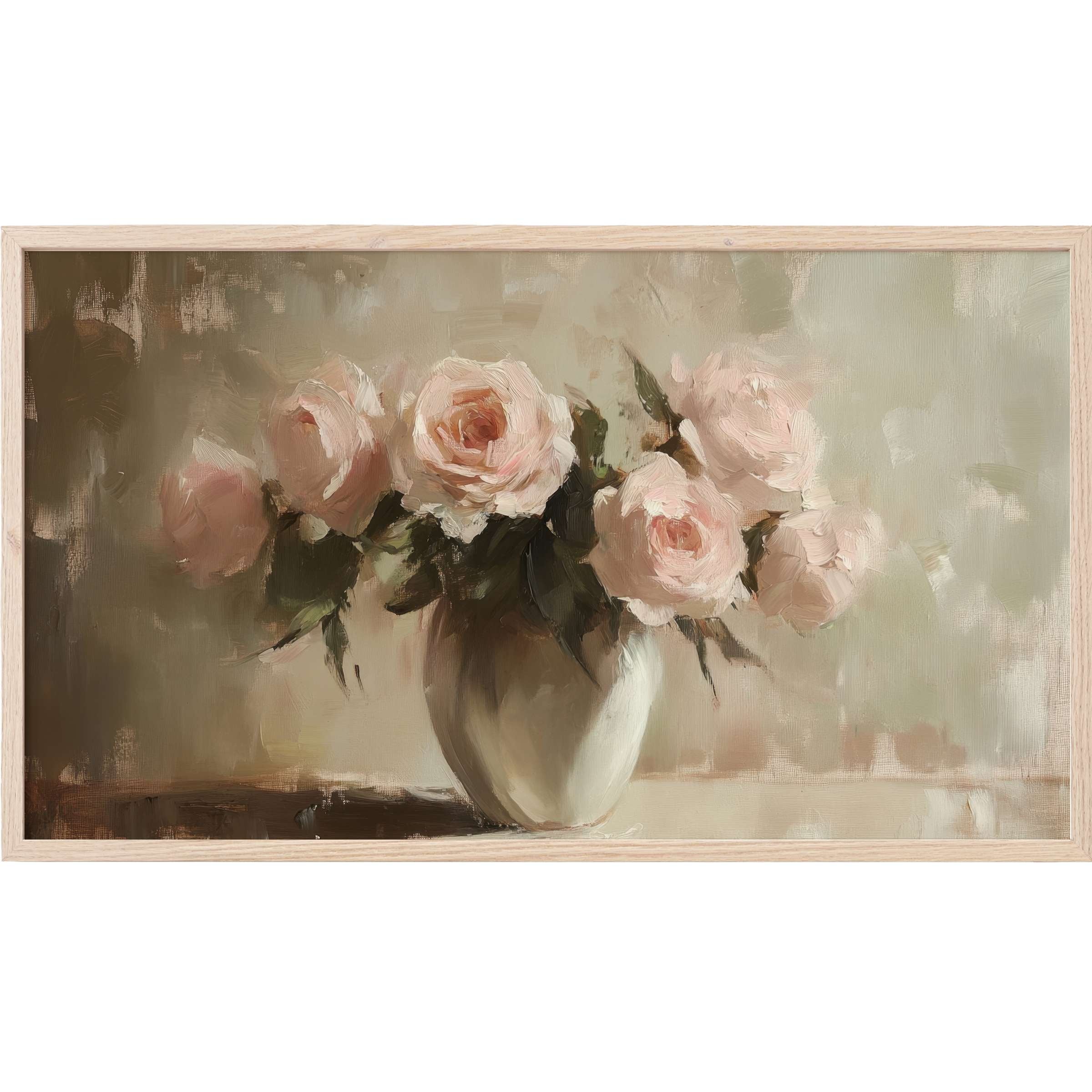 Floral Frame TV Art with soft pink roses in muted greens and creams, a refined, impressionist still-life aesthetic