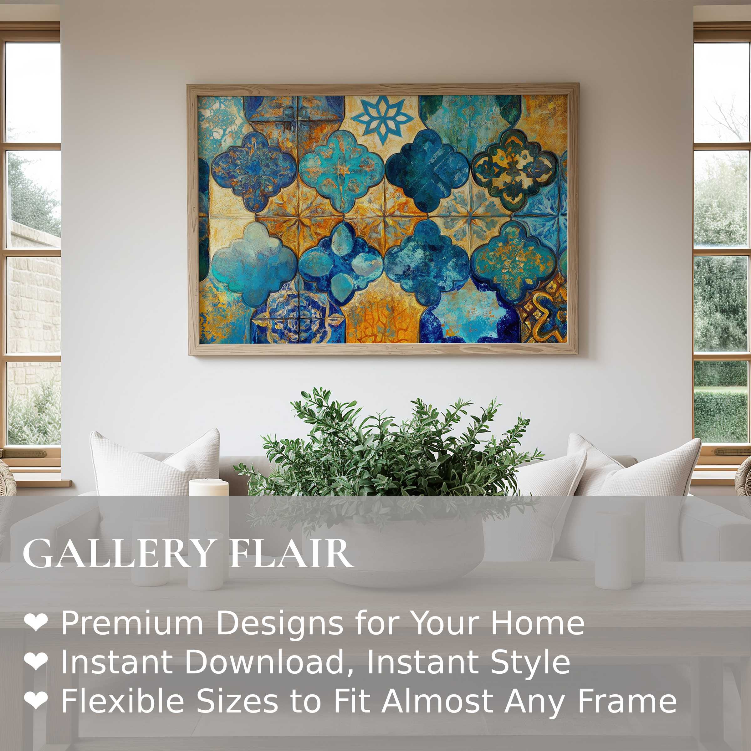 Boho wall art print with radiant blues and warm ochres, enriching minimalist spaces with a vibrant, earthy Mediterranean allure