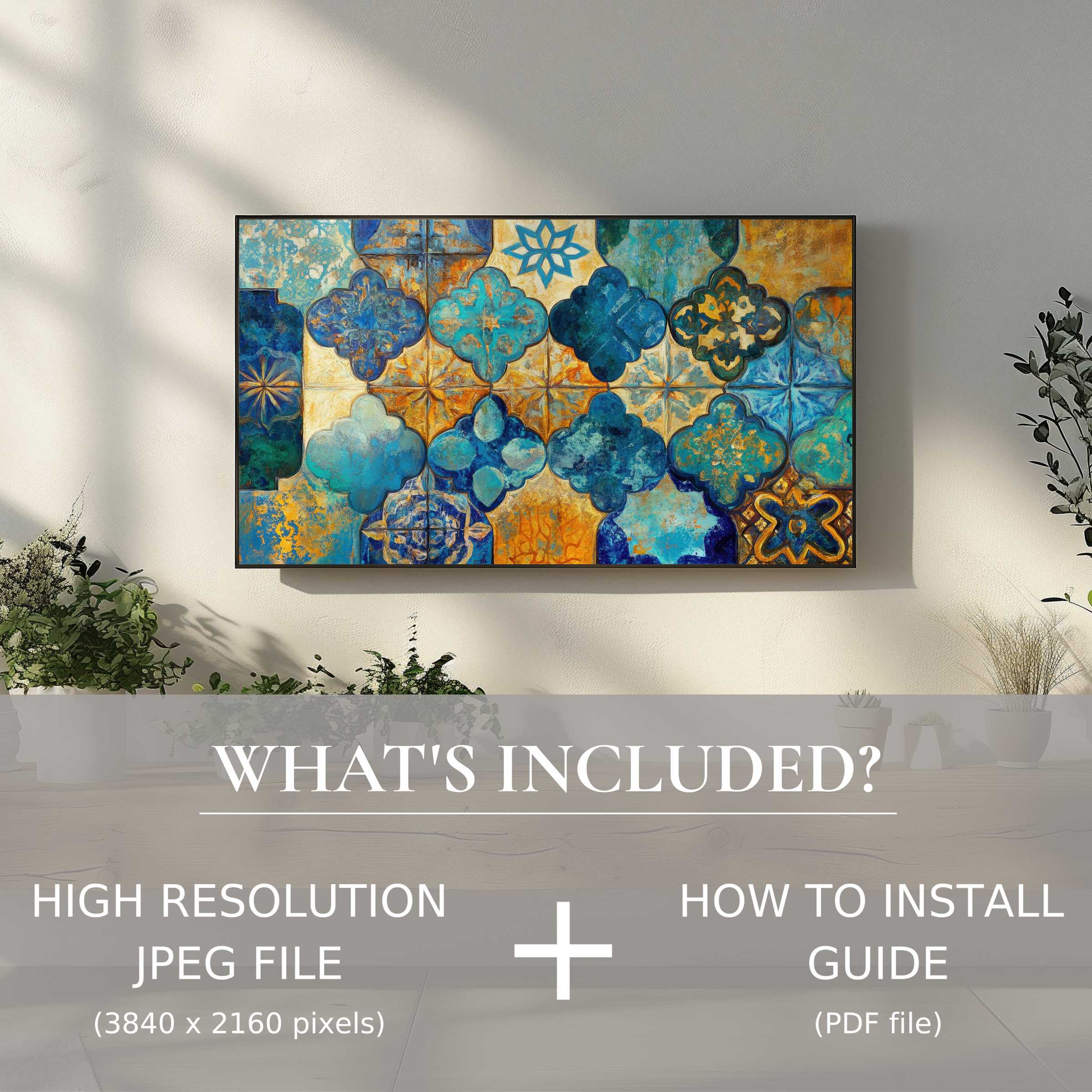 Modern living room with easy boho digital TV art download enhancing space in vibrant blues and golds