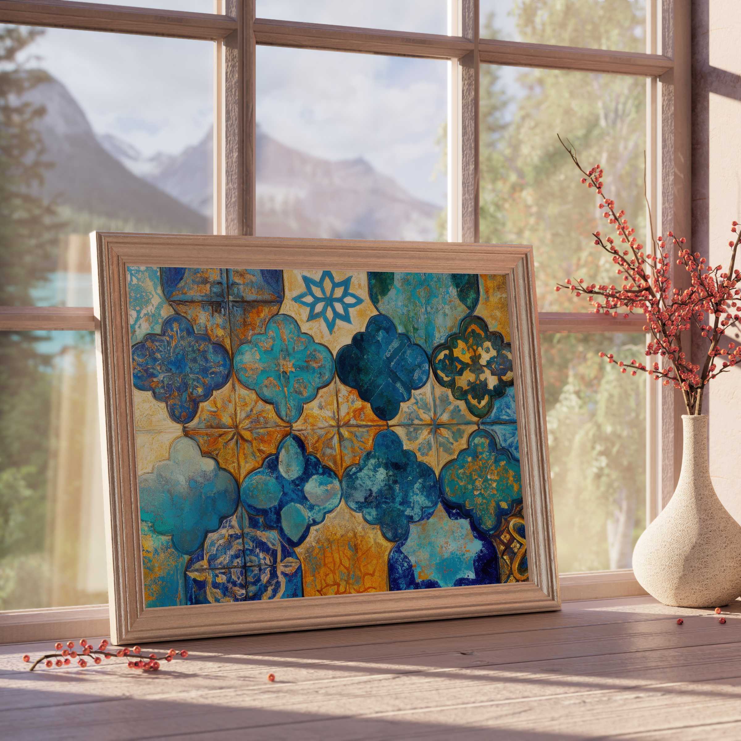 Boho downloadable art featuring rich turquoise and ochre patterns, elevating tranquil, curated interiors with timeless global charm