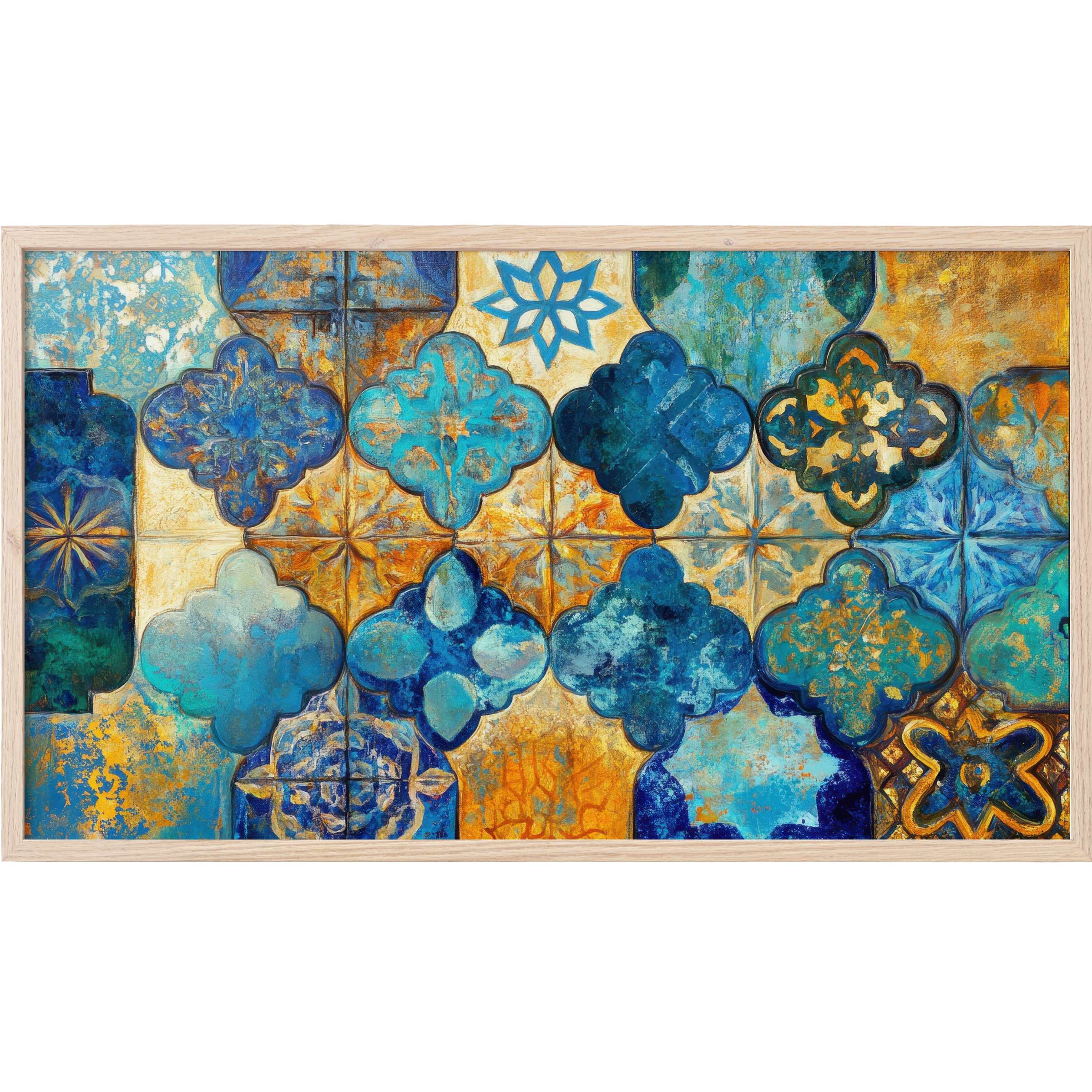Boho Frame TV Art featuring vibrant blue and gold Moroccan tile patterns in a textured, modern bohemian style