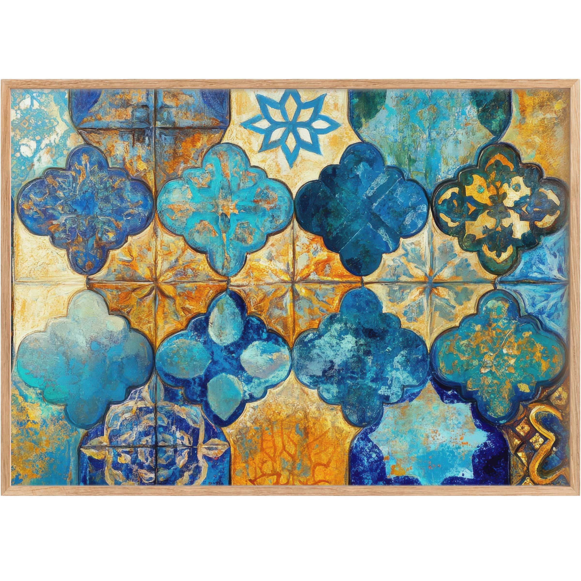 Boho printable wall art featuring intricate turquoise and gold motifs, evoking a radiant, warm, and soulful ambiance
