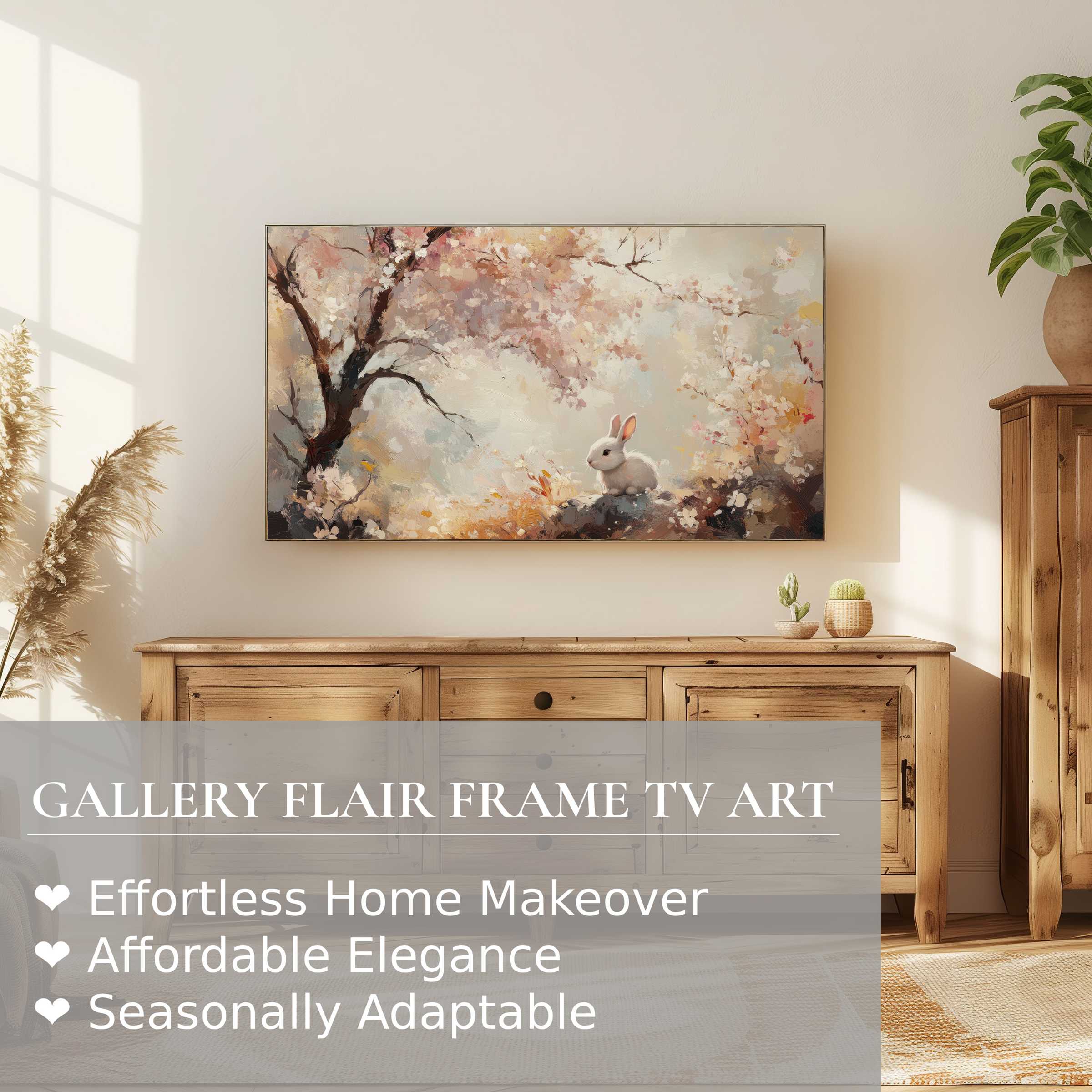 Elegant Samsung Frame TV displaying soft, pastel easter digital artwork of a bunny amidst blossoming branches