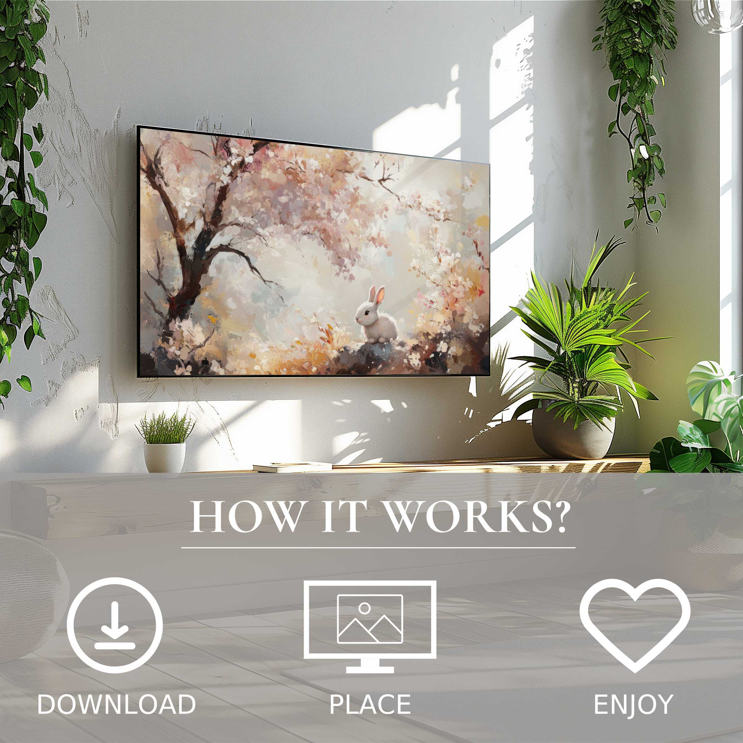 Modern living room with easter art for Samsung TV, soft pastel blossoms and bunny motif, digital download, easy decor upgrade