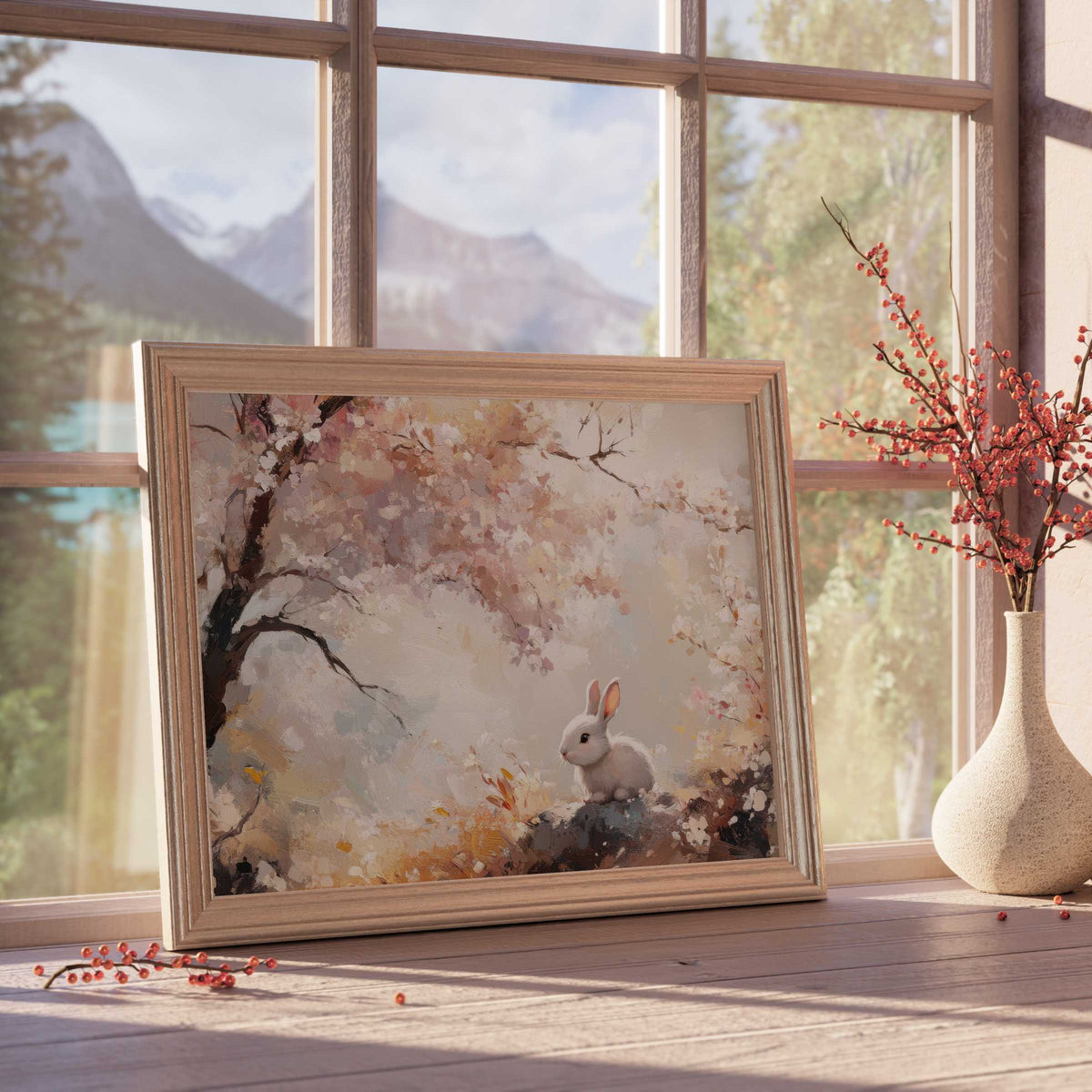 Easter downloadable art capturing serene spring blossoms and a delicate white bunny, perfect for curated, tranquil interiors