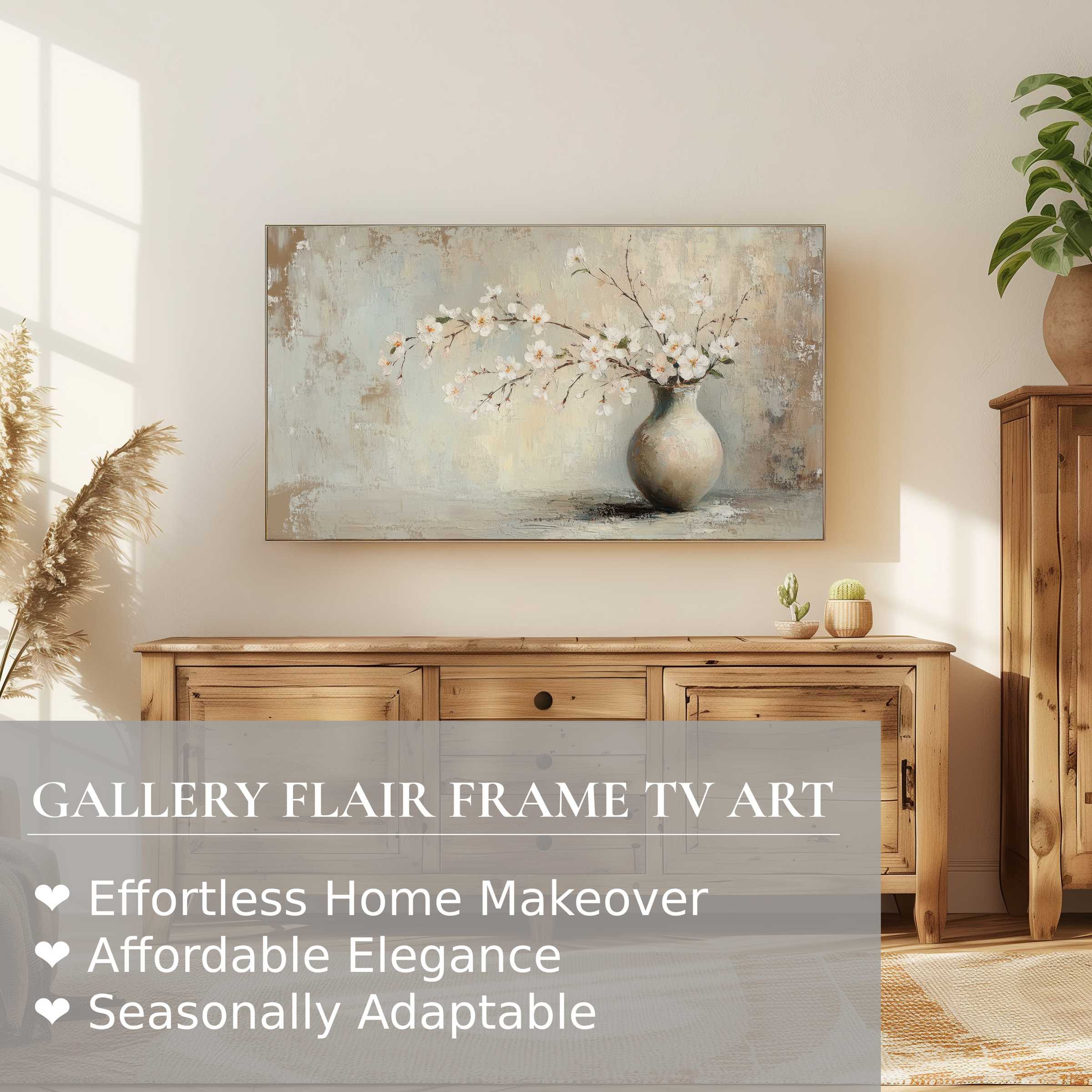 Elegant spring digital artwork of blossoming branches on Samsung Frame TV in warm, modern natural wood setting