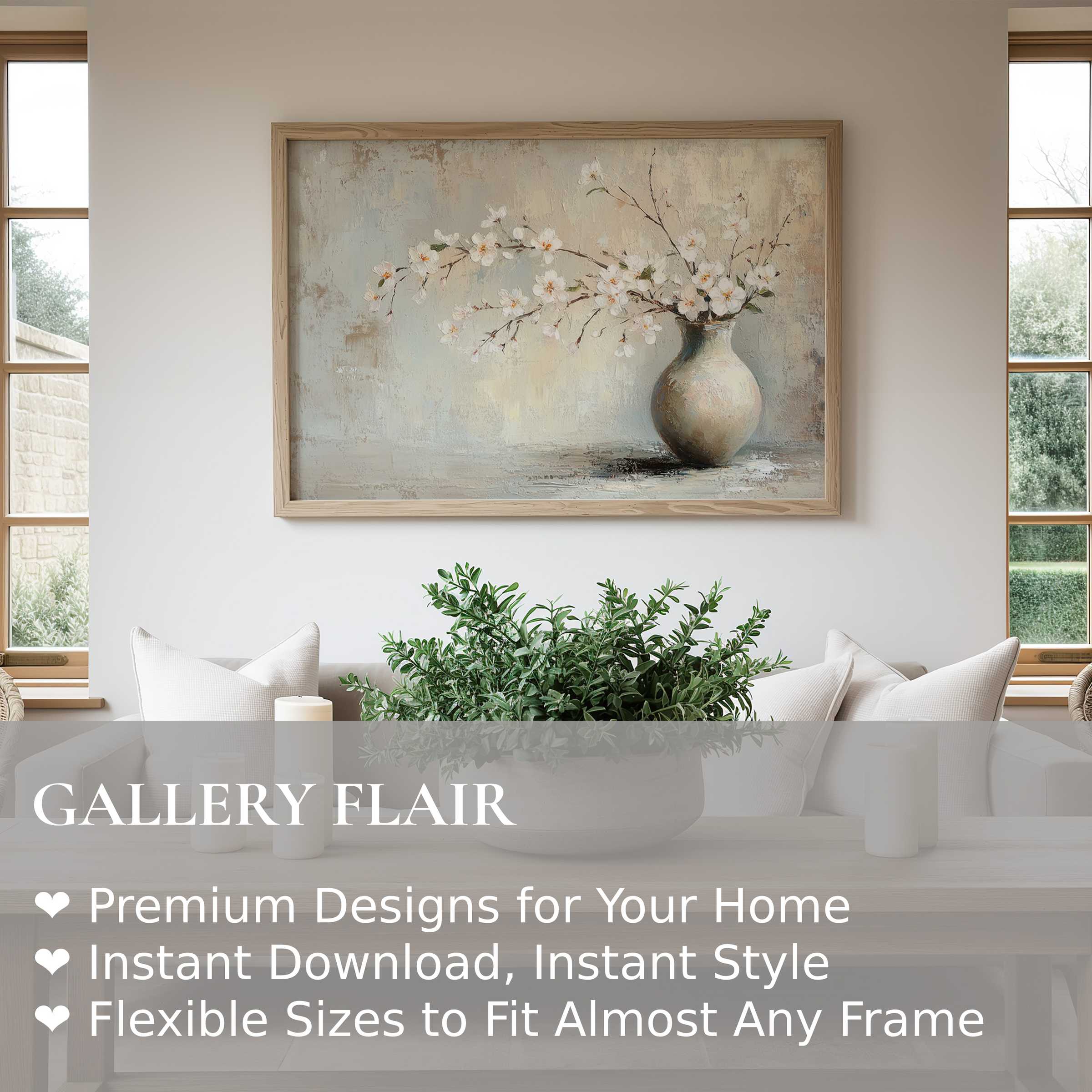 Elegant spring wall art print featuring delicate white blossoms in a muted vase, enhancing serene, modern minimalist interiors