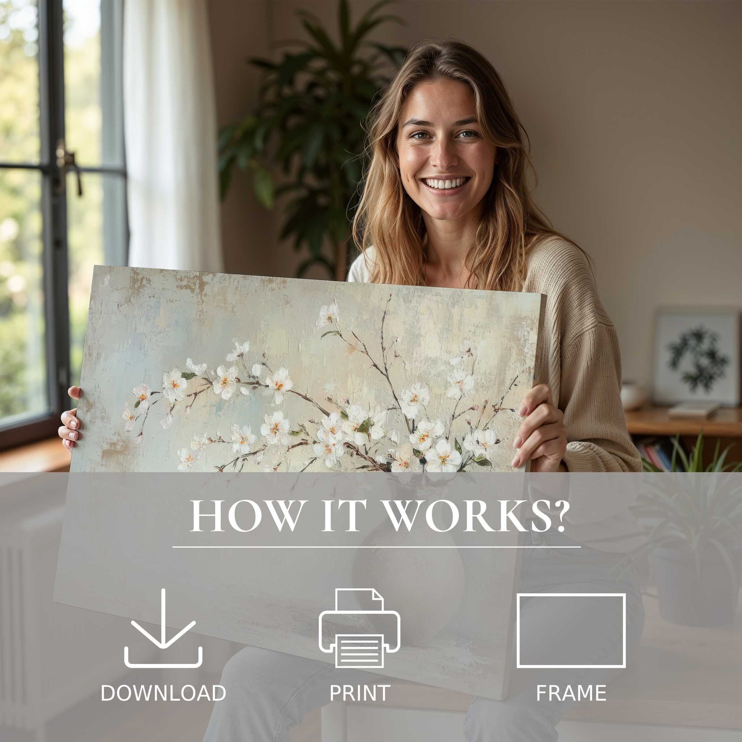 Radiating joy and calm, a woman embraces a spring digital art print in a stylish home, celebrating effortless elegance with art