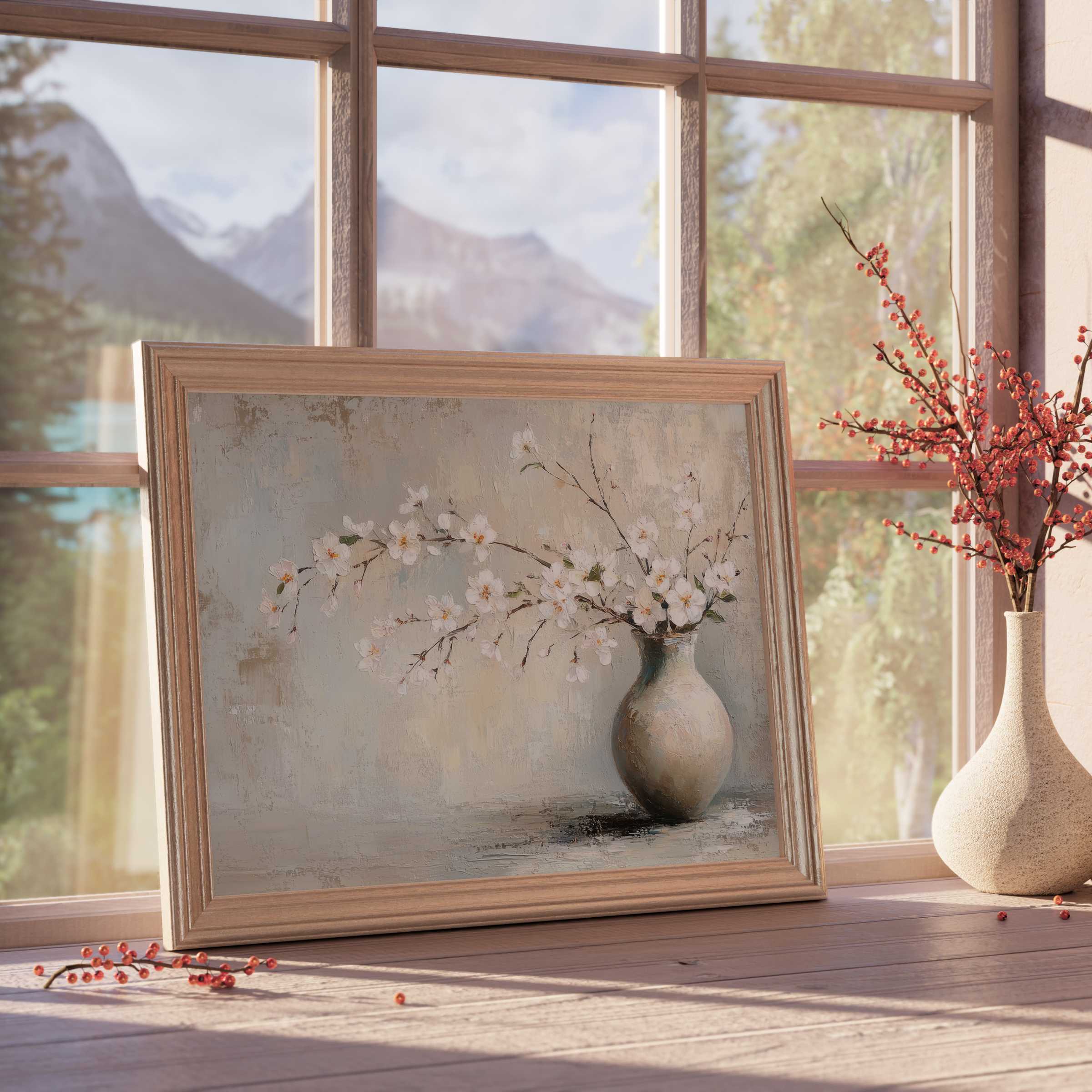 Elegant spring downloadable art featuring delicate white blossoms in a muted vase, enhancing serene, design-forward interiors with warm natural light