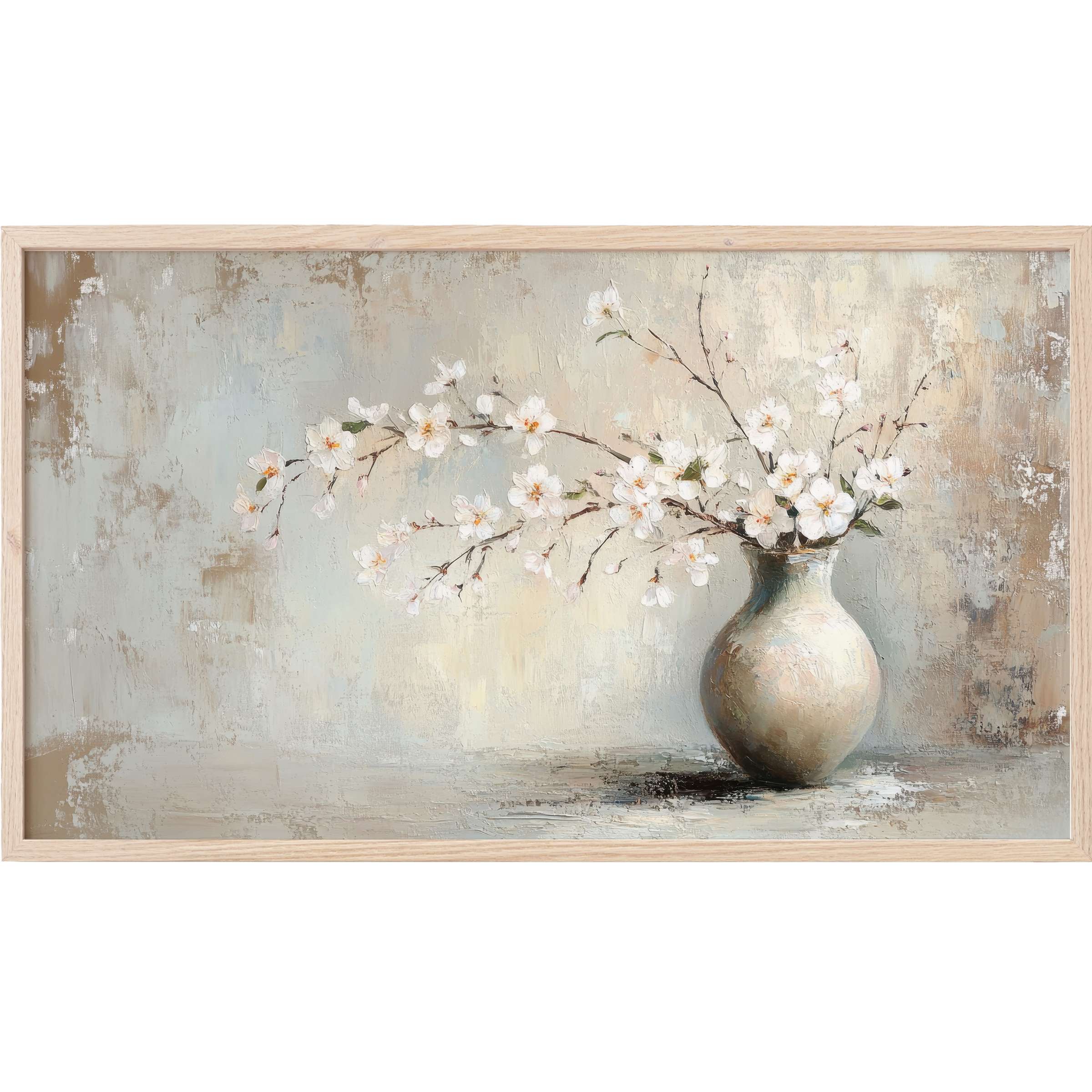 Elegant vase with delicate white blossoms in soft beige and gray tones, perfect spring Frame TV Art for modern interiors