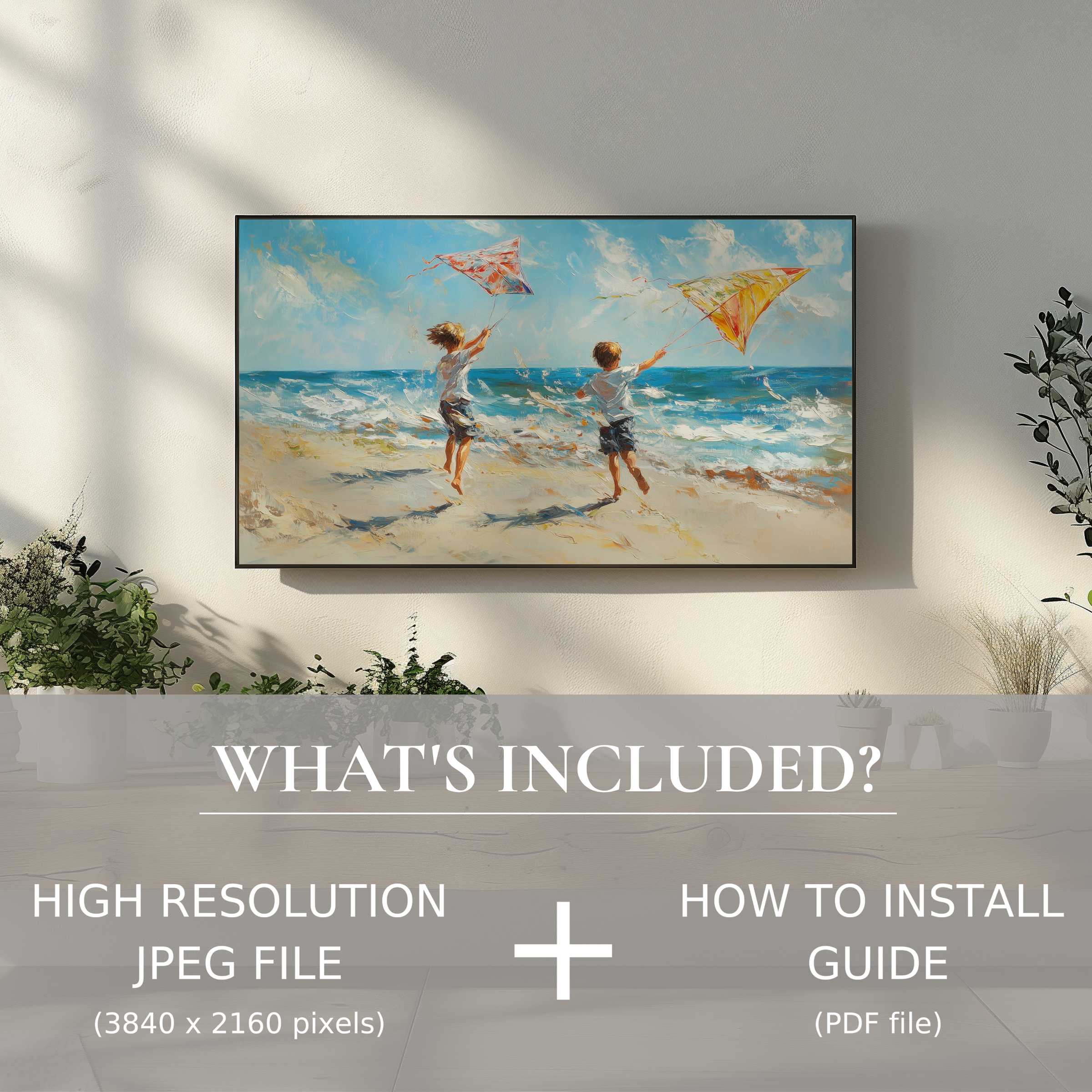 Elegant beach digital TV art download with vibrant coastal scene, enhancing your modern living space with easy digital use