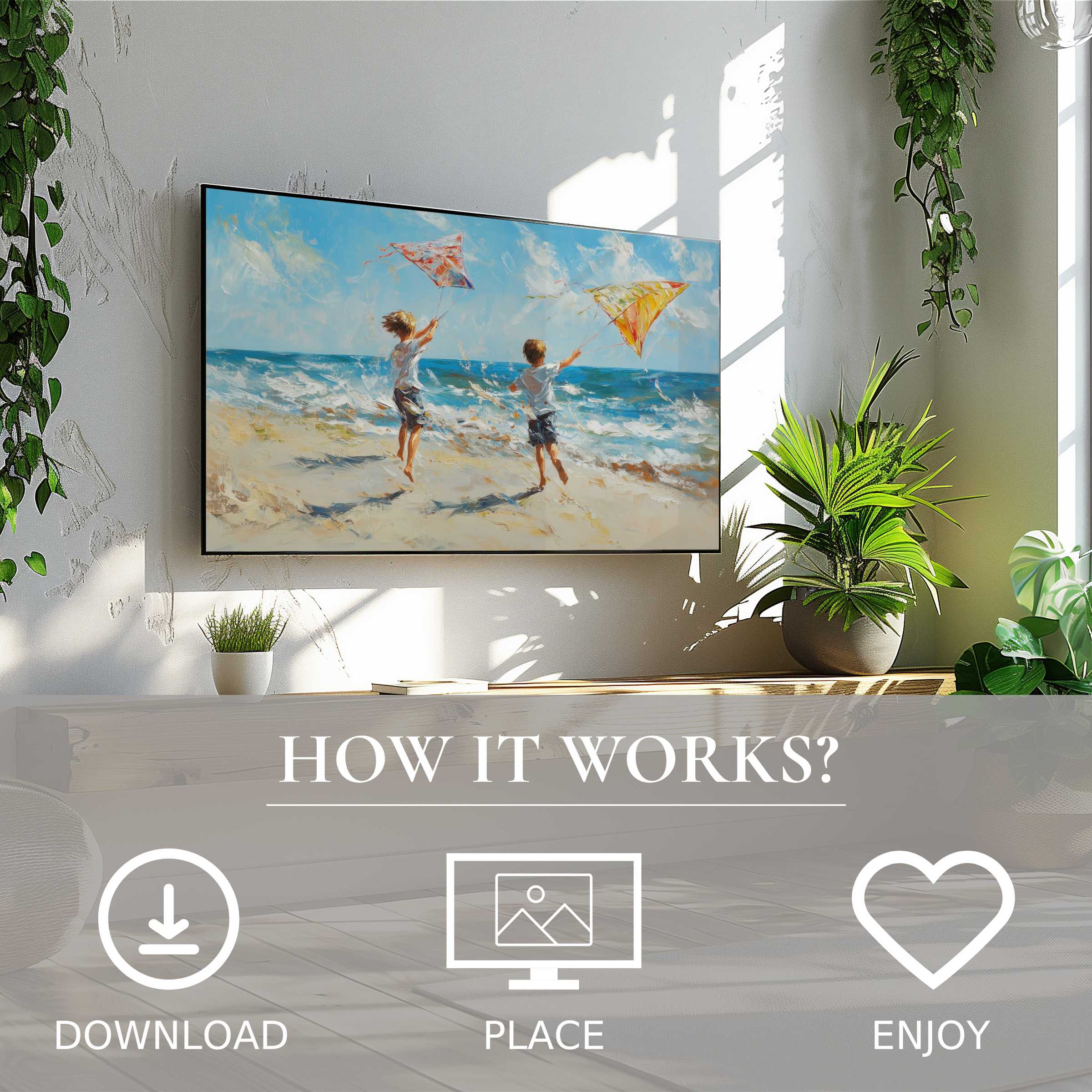 Bright living room with green plants featuring beach art for Samsung TV; digital download shows kids kite flying by ocean waves