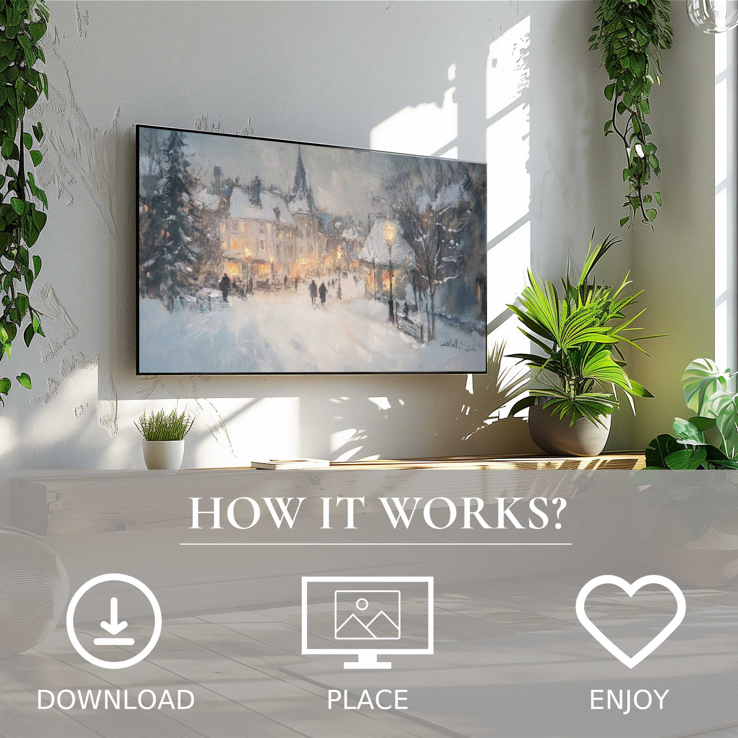 Modern living room with christmas art for Samsung TV, soft winter tones enhancing space, easy digital download