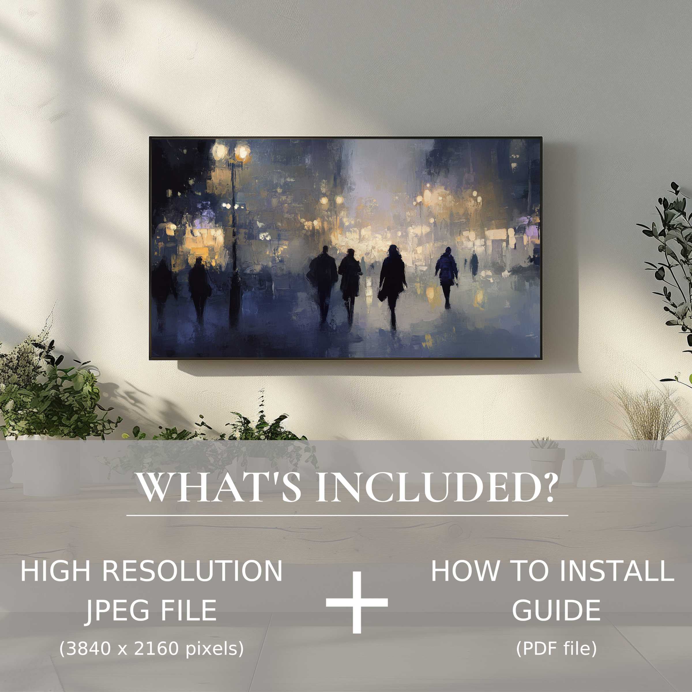 Elegant urban digital TV art download showcasing city night life; easy digital use enhances your stylish living space