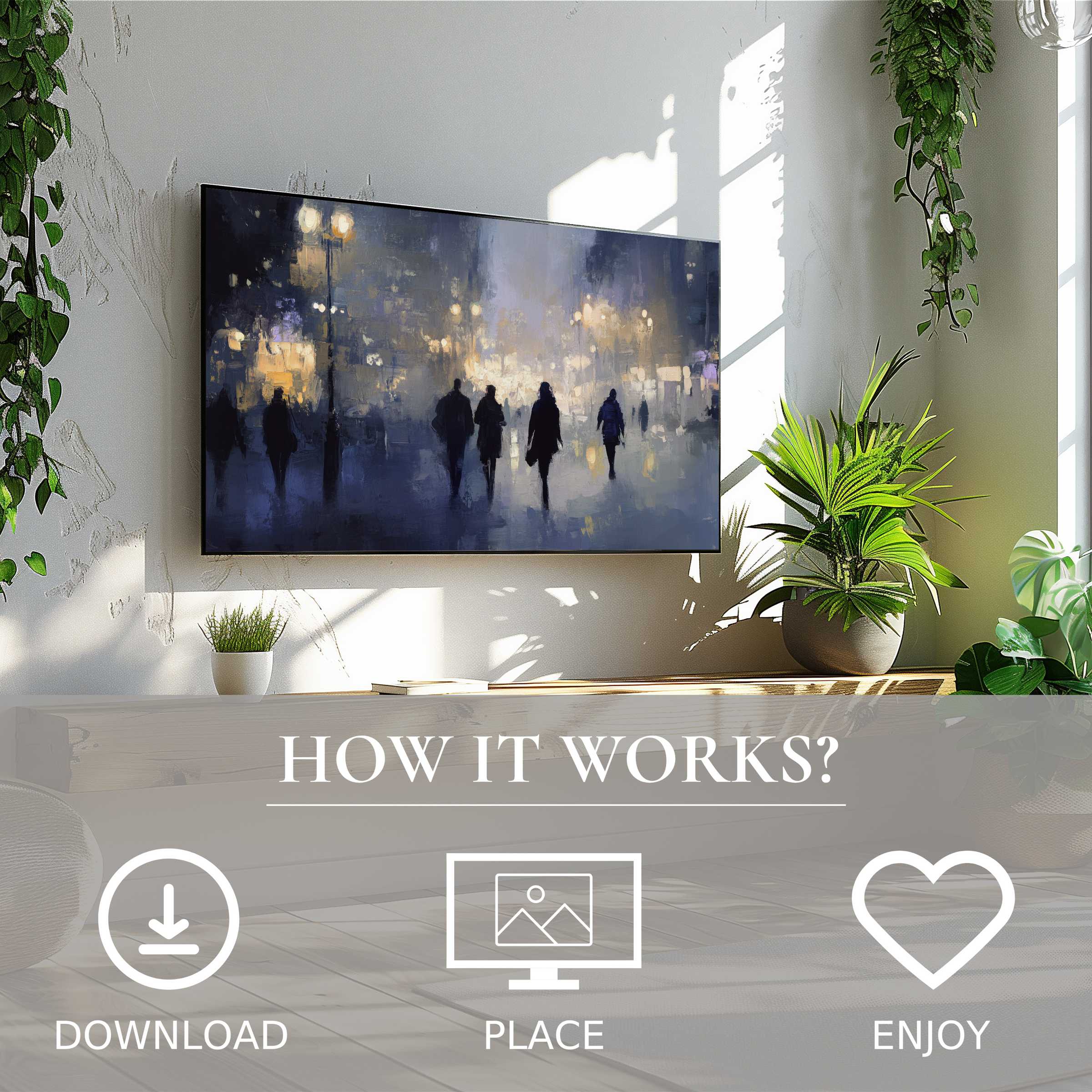 Urban art for Samsung TV in a bright room, featuring a moody cityscape; simple digital download enhances living space