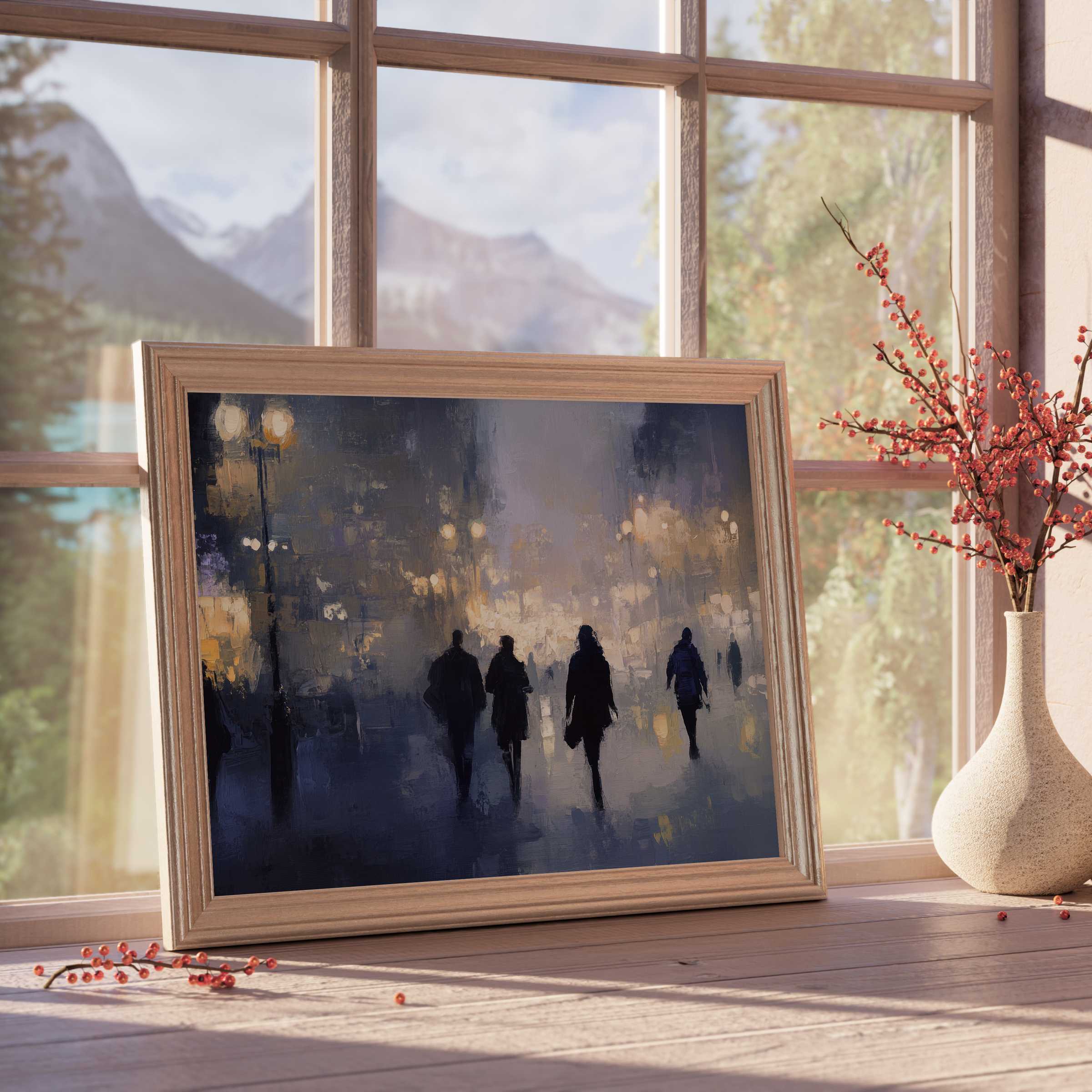 Moody urban downloadable art capturing twilight silhouettes and glowing street lamps, enriching curated modern interiors with tranquil ambiance