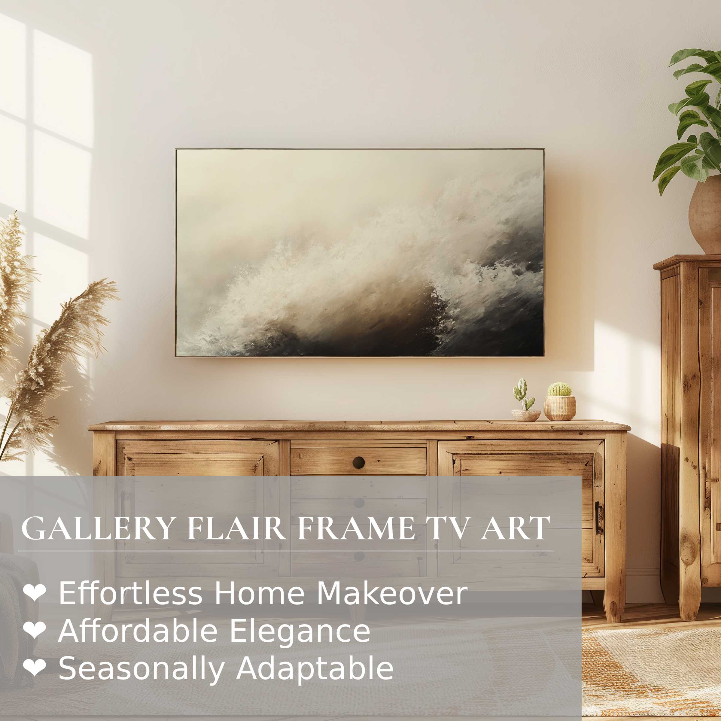 Samsung Frame TV displays serene coastal digital artwork in a warm, elegant living space with natural wood tones