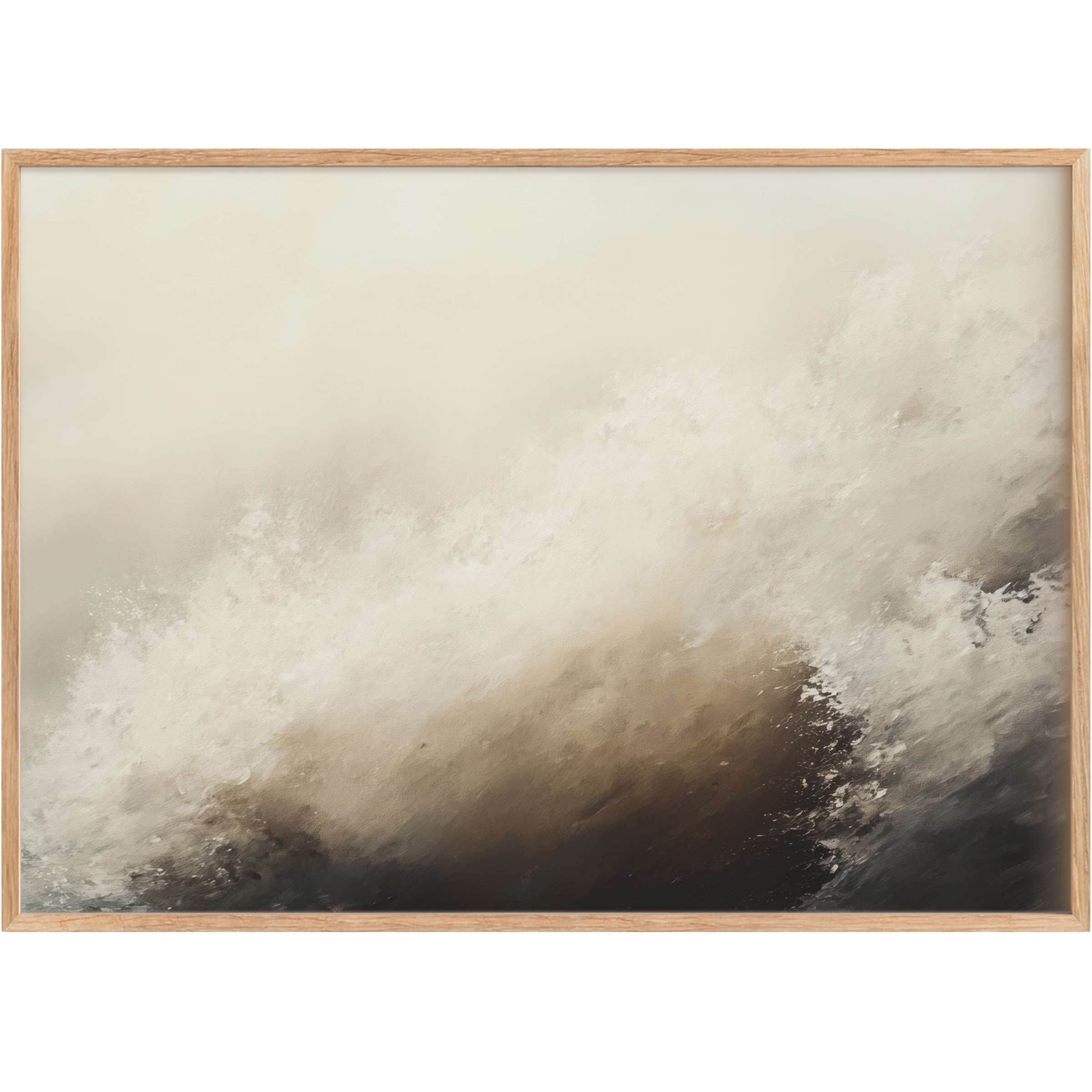 Coastal printable wall art capturing a serene, misty wave in soft beige and deep charcoal tones, evoking calm elegance