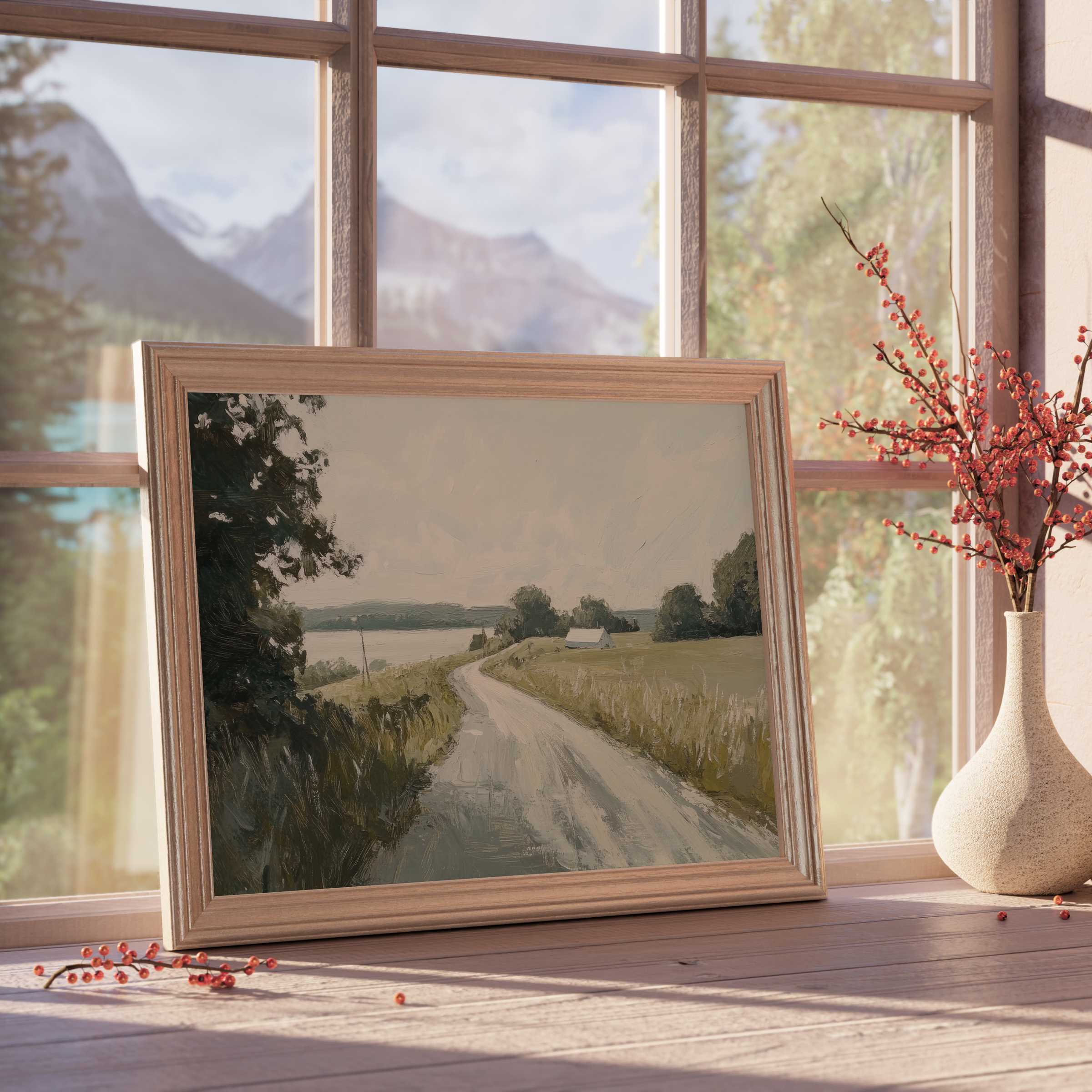 Vintage downloadable art of serene countryside road framed in soft wood, infusing calm elegance and timeless charm into curated interiors