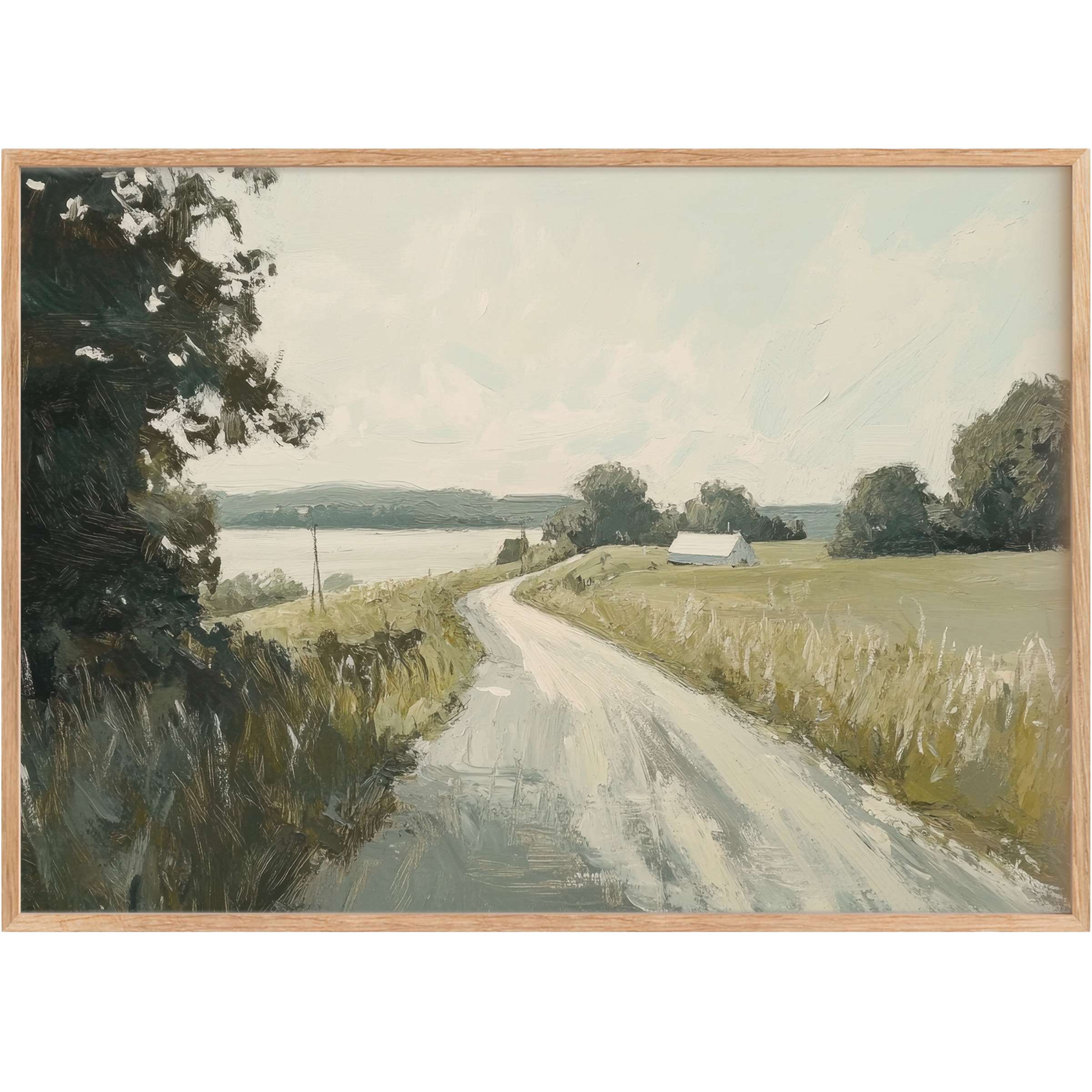 Vintage printable wall art capturing a serene country road with soft greens and muted blues, evoking tranquil, timeless calm