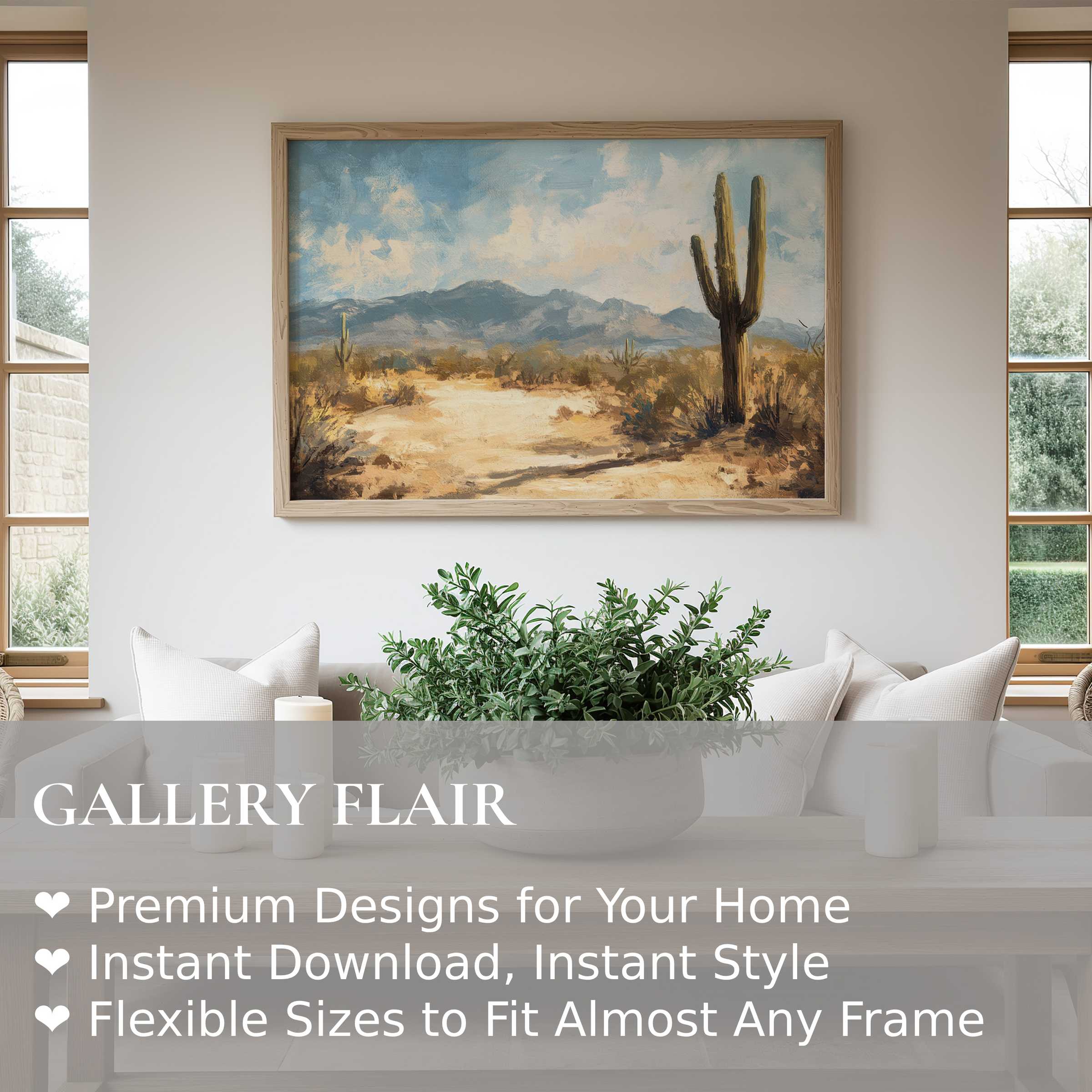 Radiant summer wall art print capturing a serene desert landscape with cacti, enriching minimalist, modern interiors with warm, natural charm