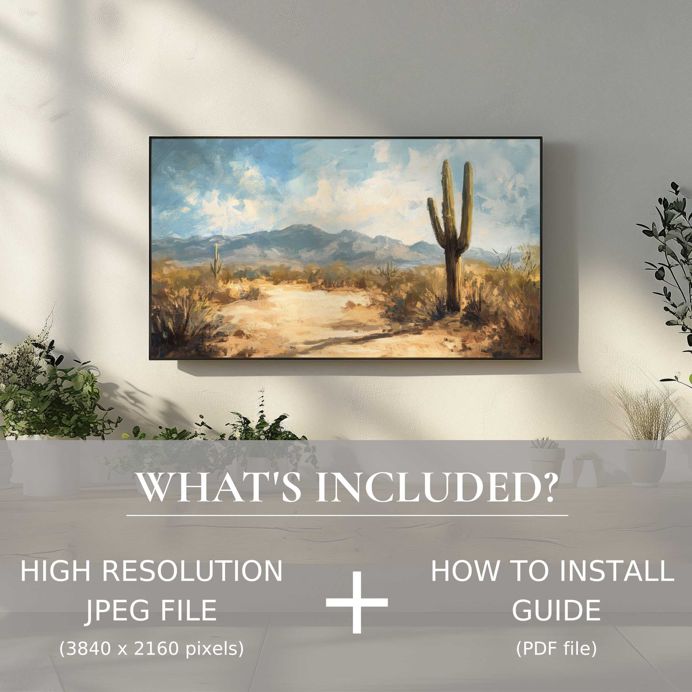 Modern desert scene enhances living space with easy summer digital TV art download for stylish, effortless decor