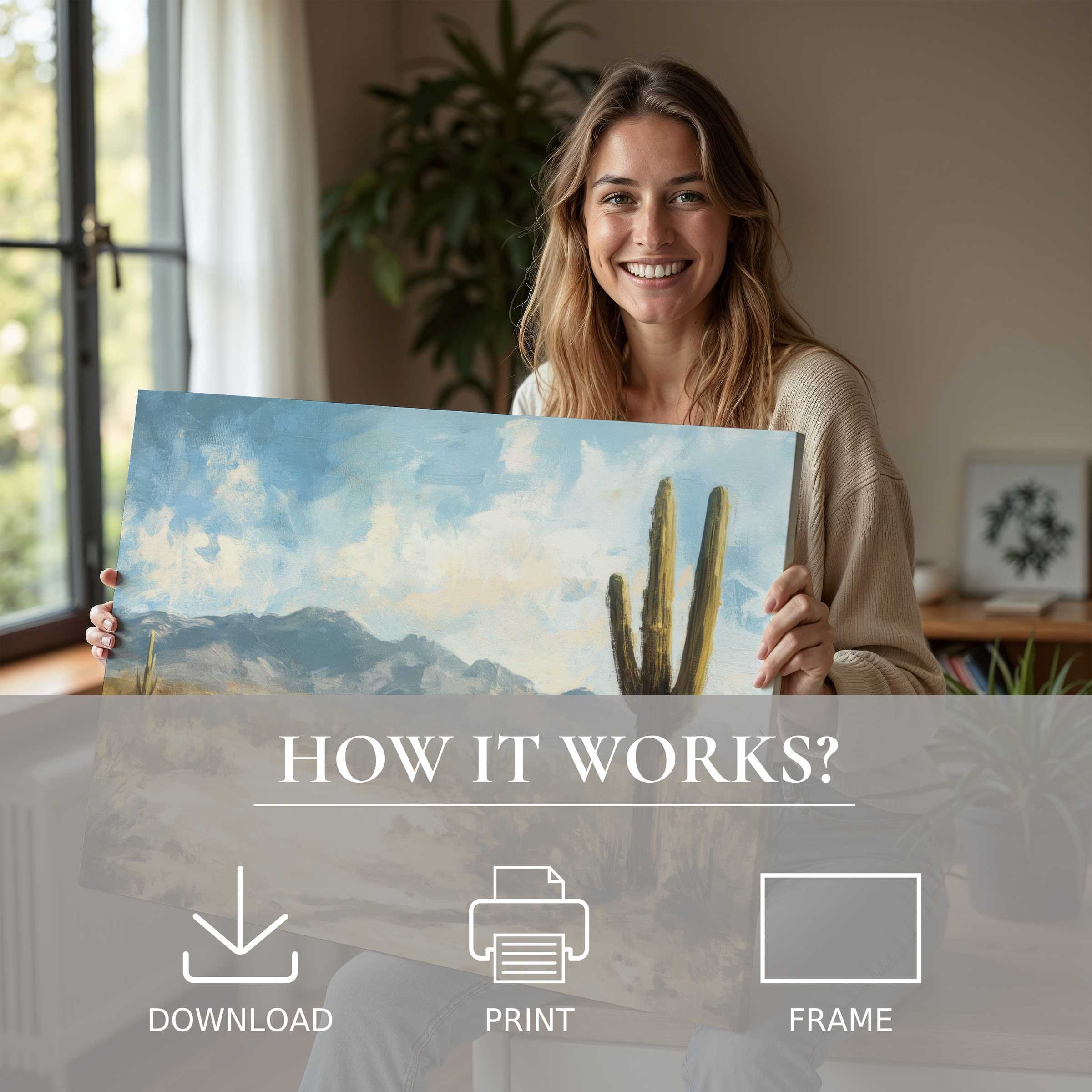 Woman radiates joy in a sunlit modern home, embracing a summer digital art print that elevates serene living spaces