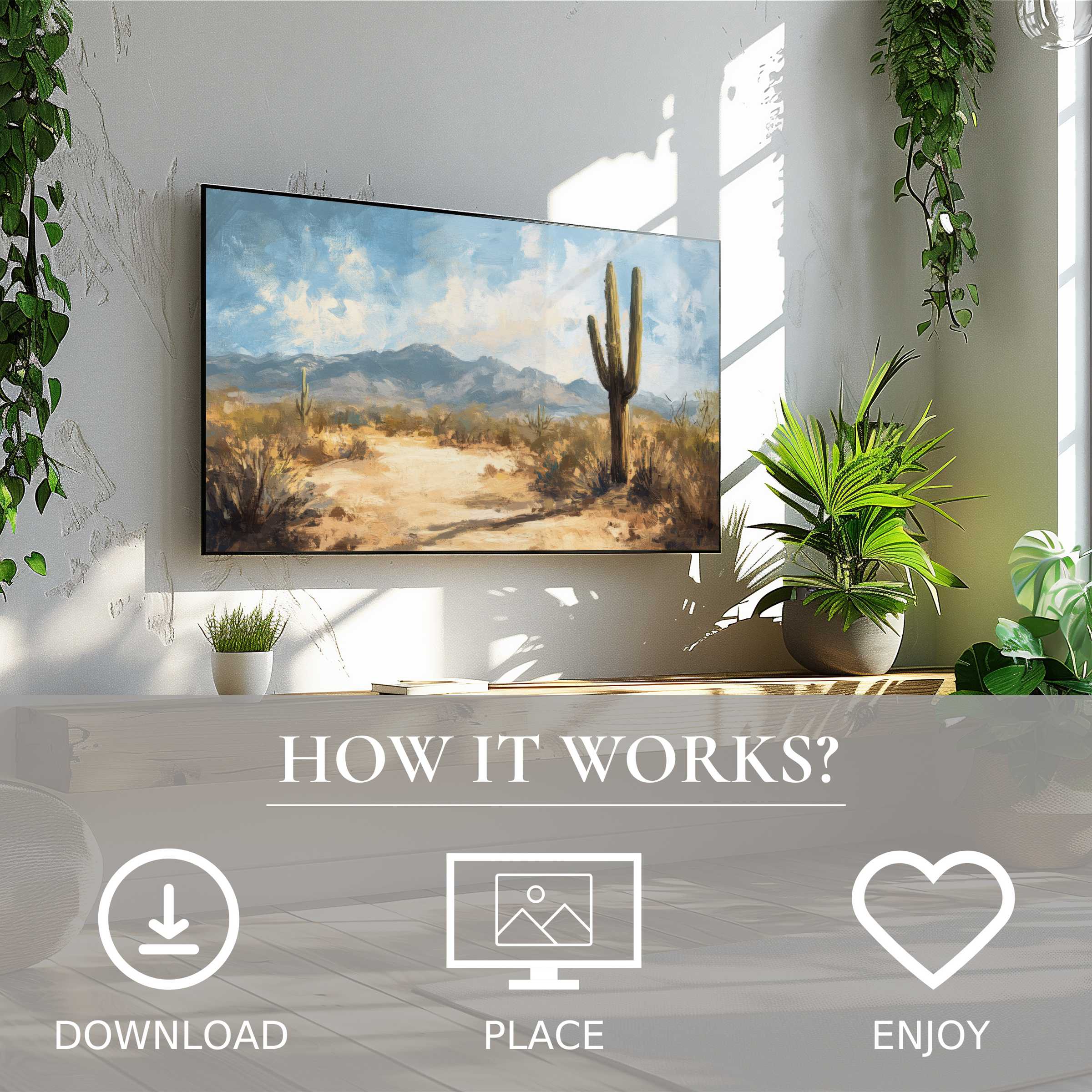 Summer art for Samsung TV shows desert cactus with soft blue sky, easy digital download enriching modern, green living spaces