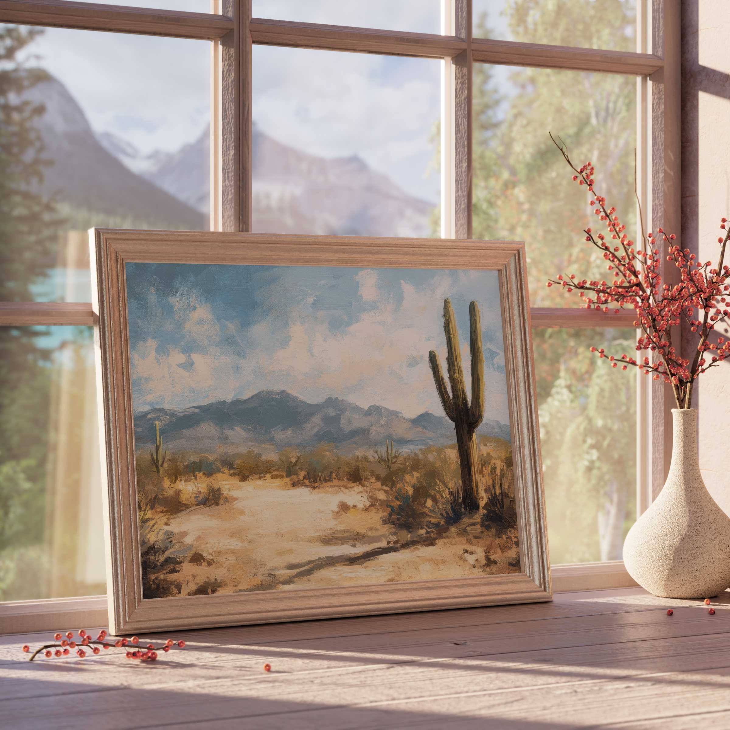 Sunlit summer downloadable art of serene desert landscapes enhances curated interiors with warm, tranquil desert vibes and stylish elegance