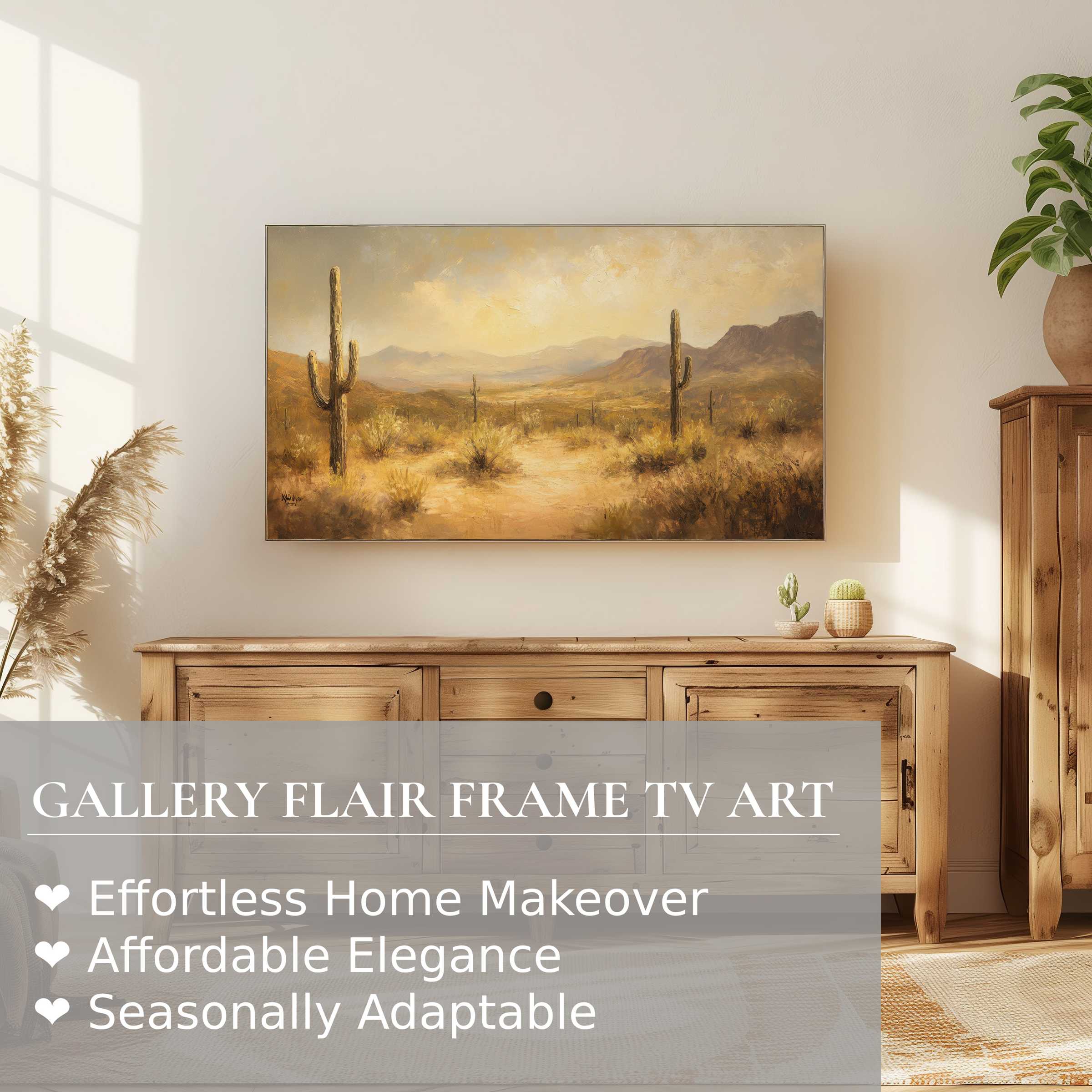 Elegant desert landscape digital artwork displayed on Samsung Frame TV, perfect for refined home decor settings