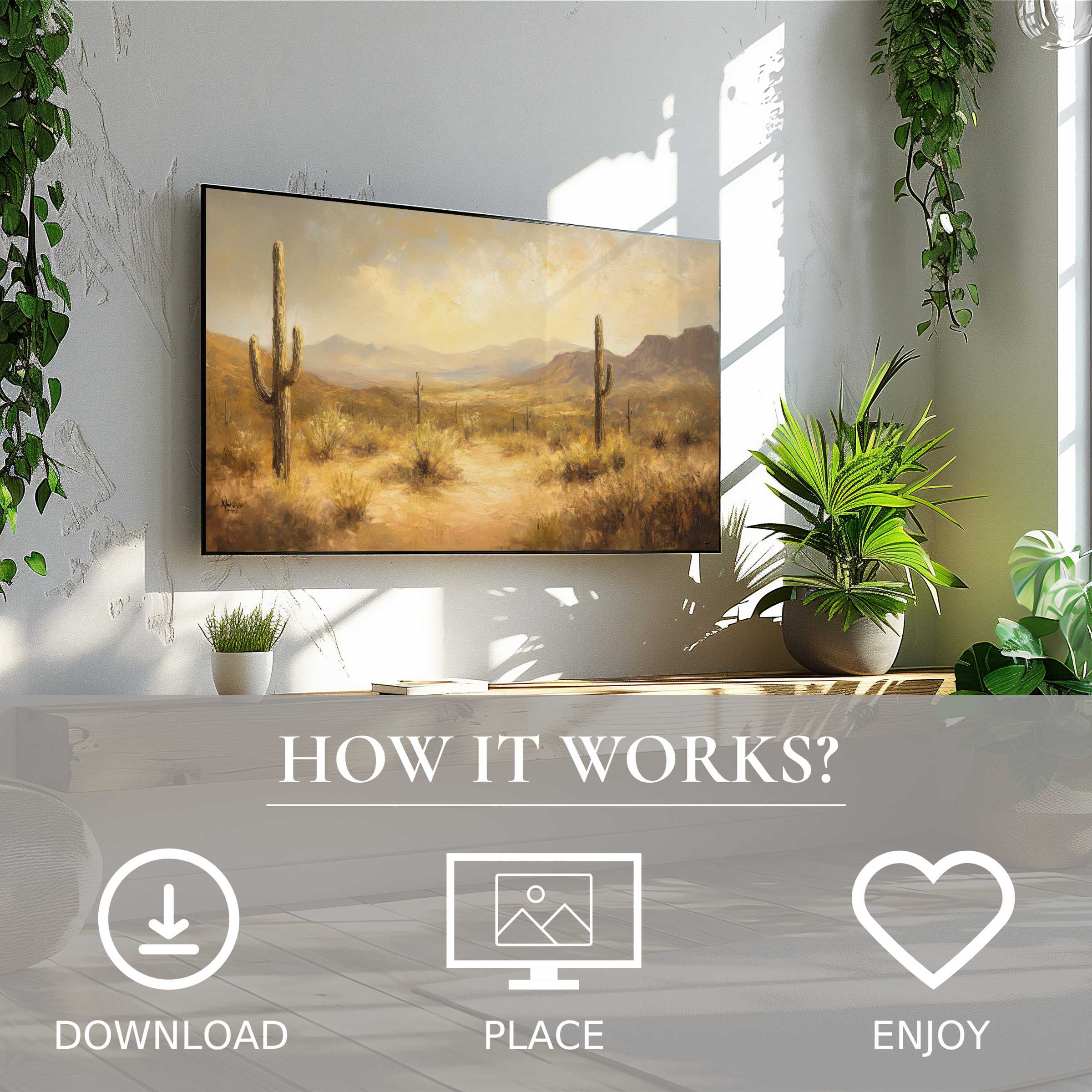 Modern living room with landscape art for Samsung TV in soft sunset tones, easy digital download enriches space
