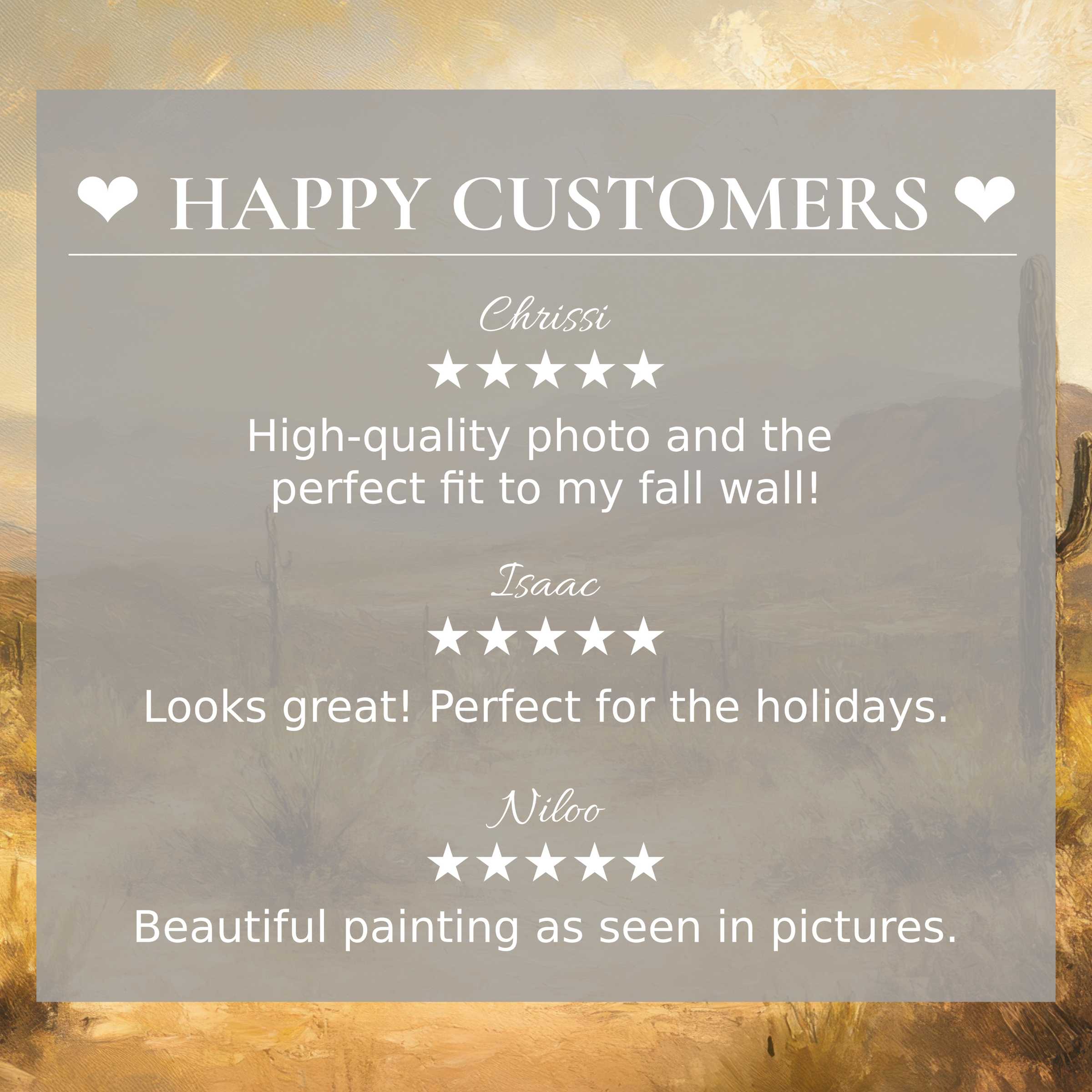Elegant landscape art for Frame TV with warm desert tones, showcasing happy customer reviews that inspire trust