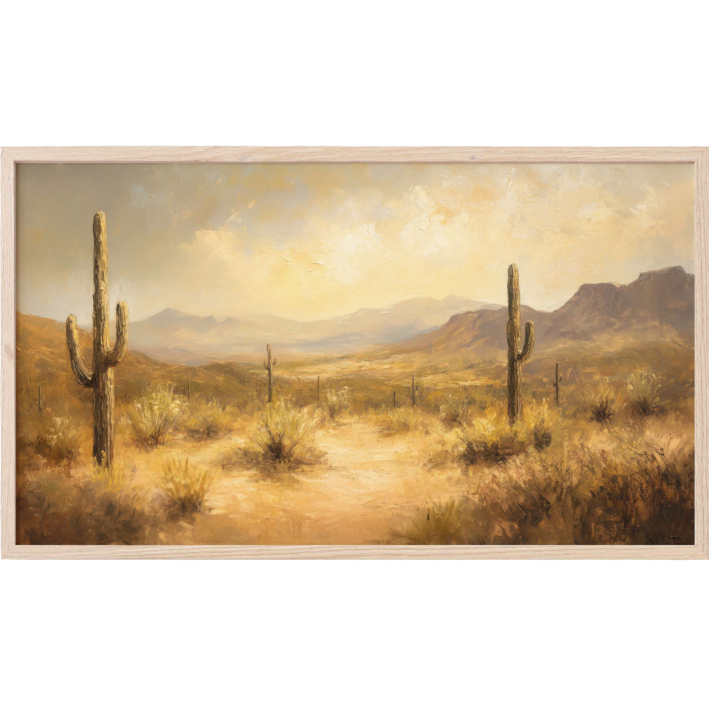 Warm desert landscape with cacti and muted mountains, textured brushstrokes in earthy tones, landscape Frame TV Art