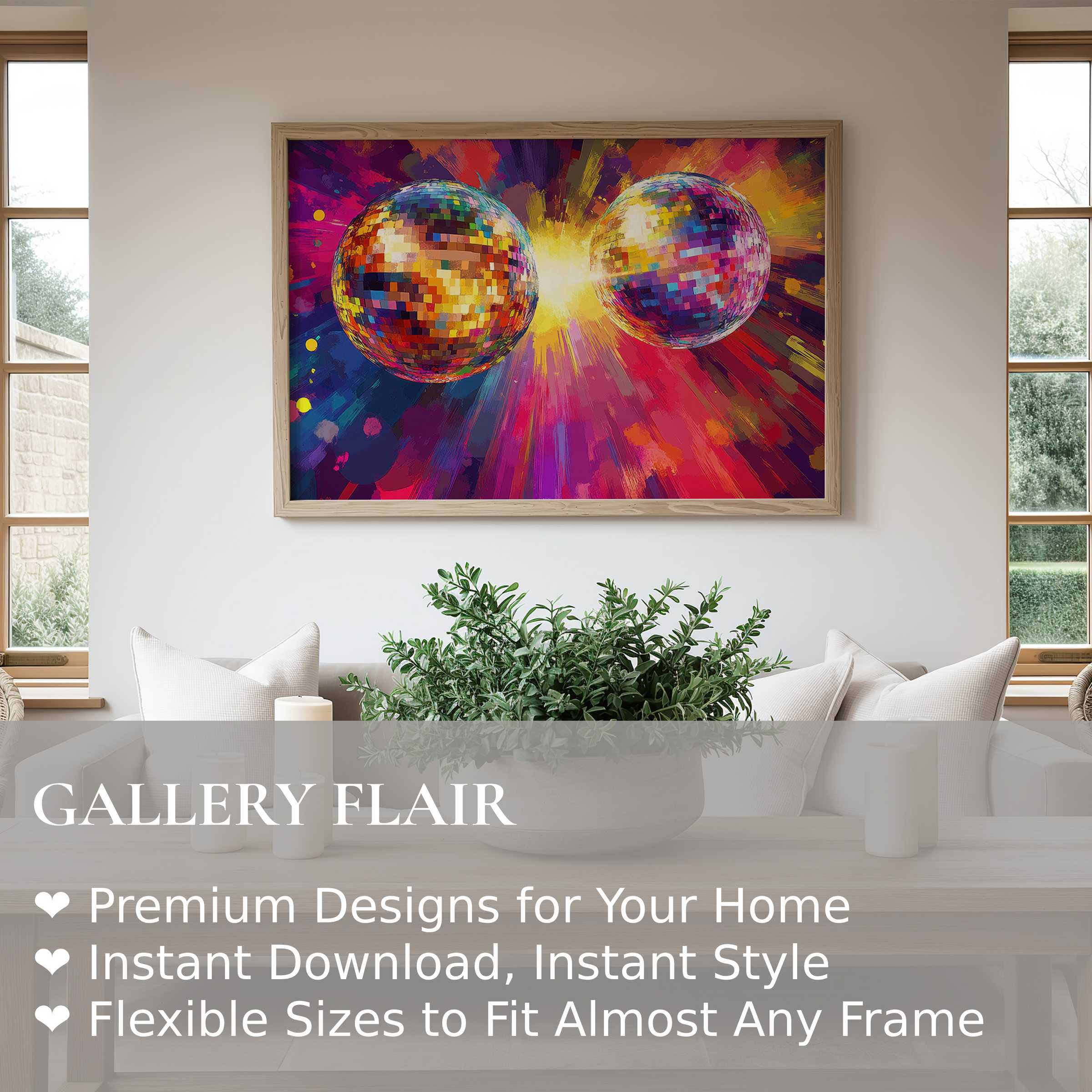 Vibrant pop art wall art print featuring dynamic, radiant disco spheres accentuating a modern, minimalist living space with bold color contrast