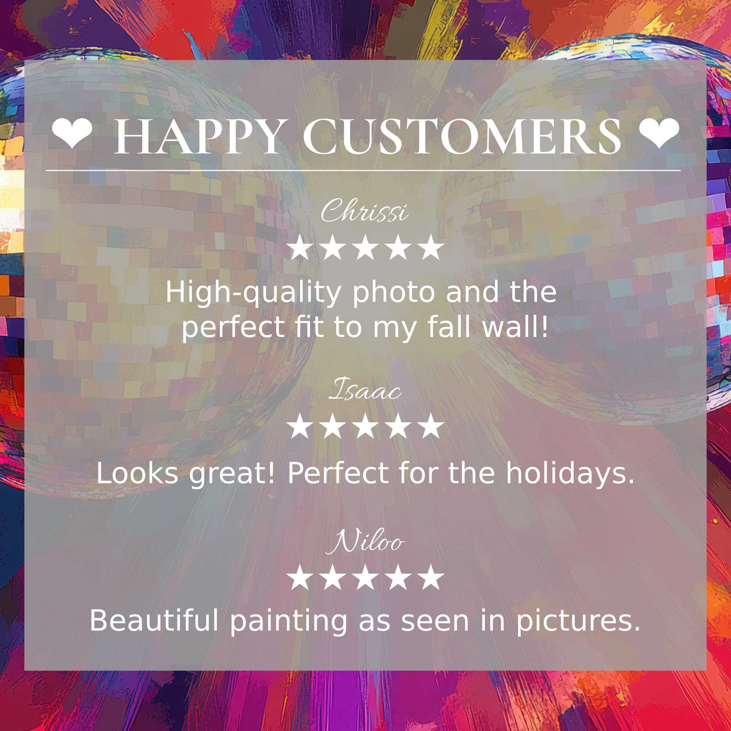 Pop art for Frame TV with abstract sunset hues, showcasing happy customer reviews and elegant design trust