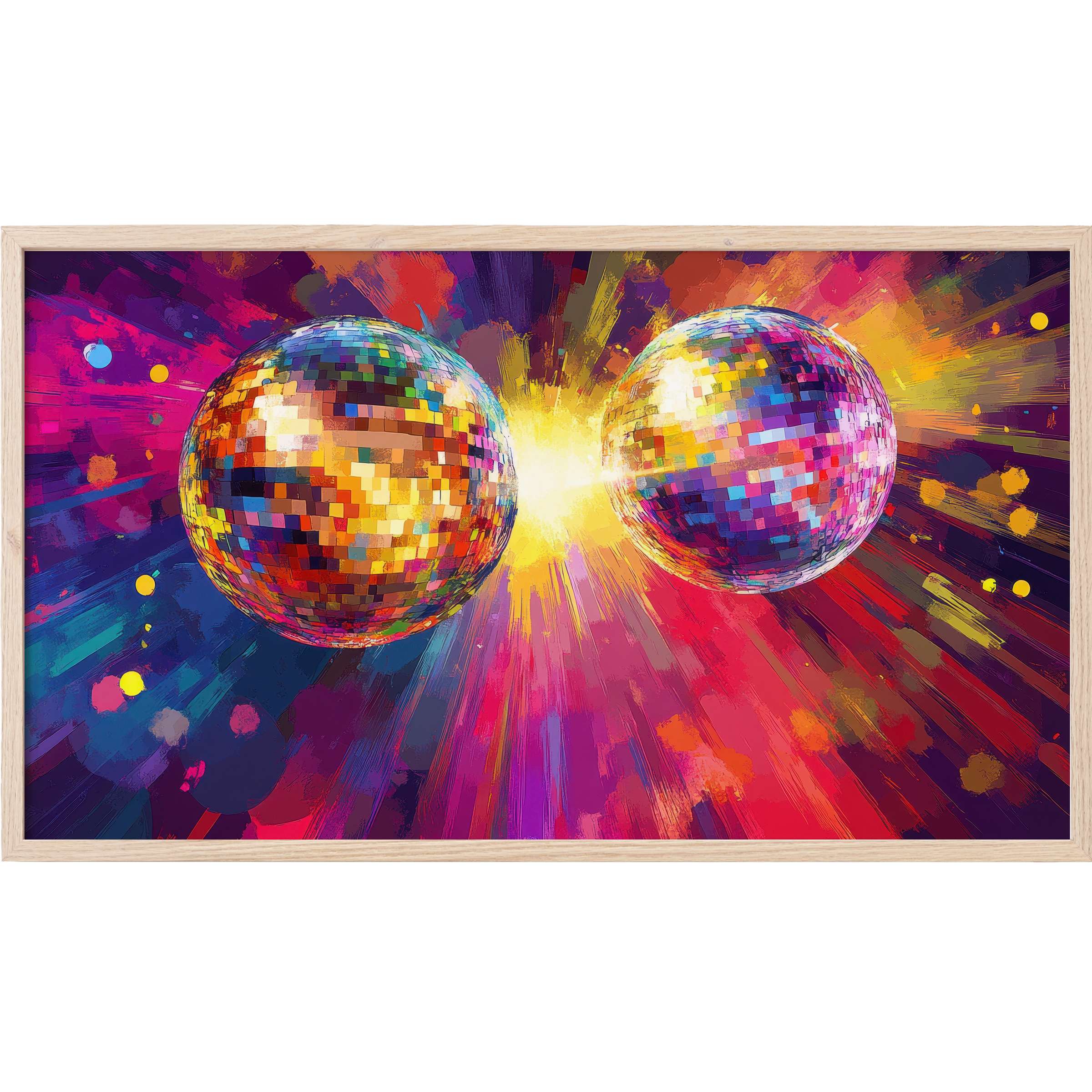Vibrant pop art Frame TV Art featuring two dazzling disco balls bursting with colorful pixelated light rays