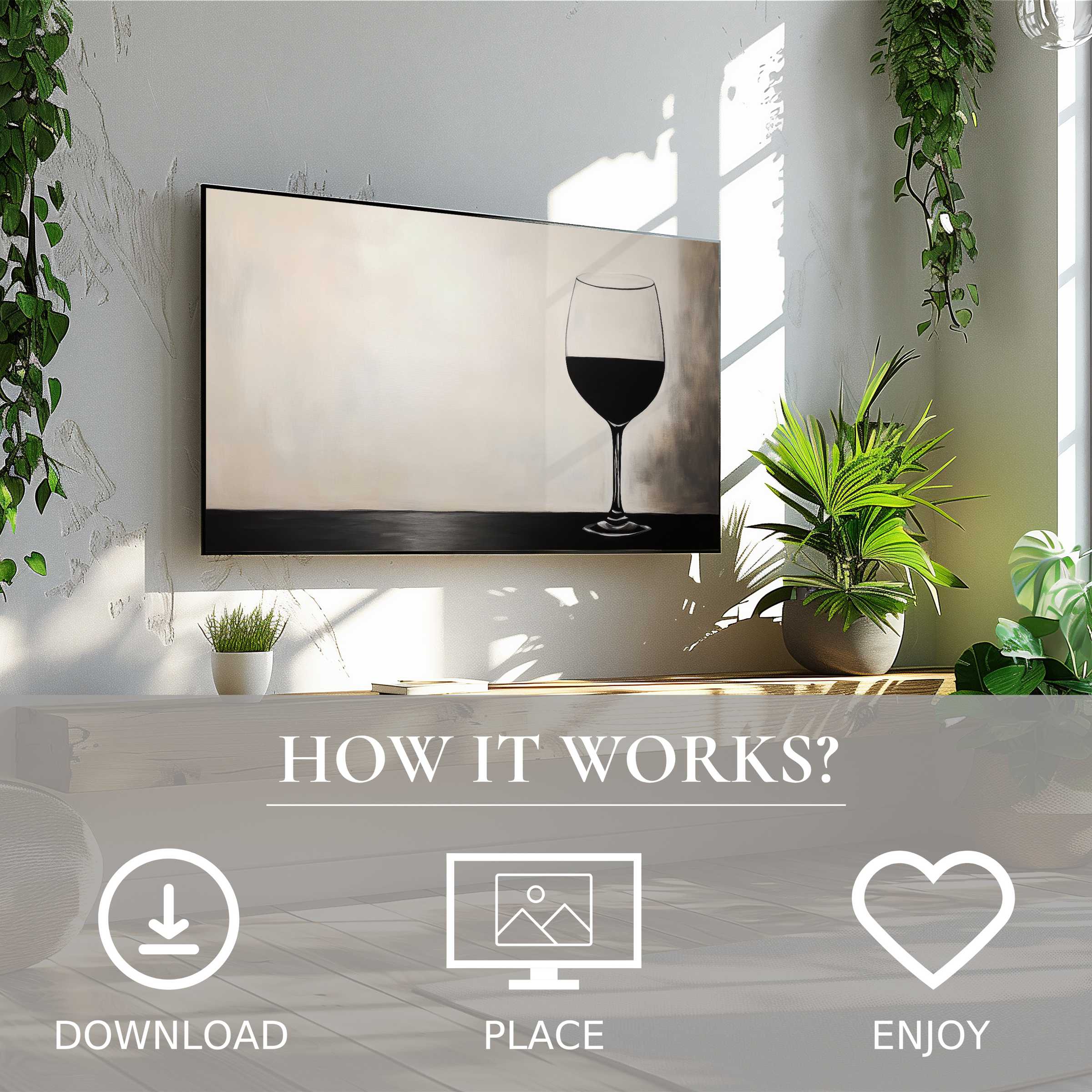 Minimalist art for Samsung TV showing a black wine glass silhouette in soft beige tones, easy digital download