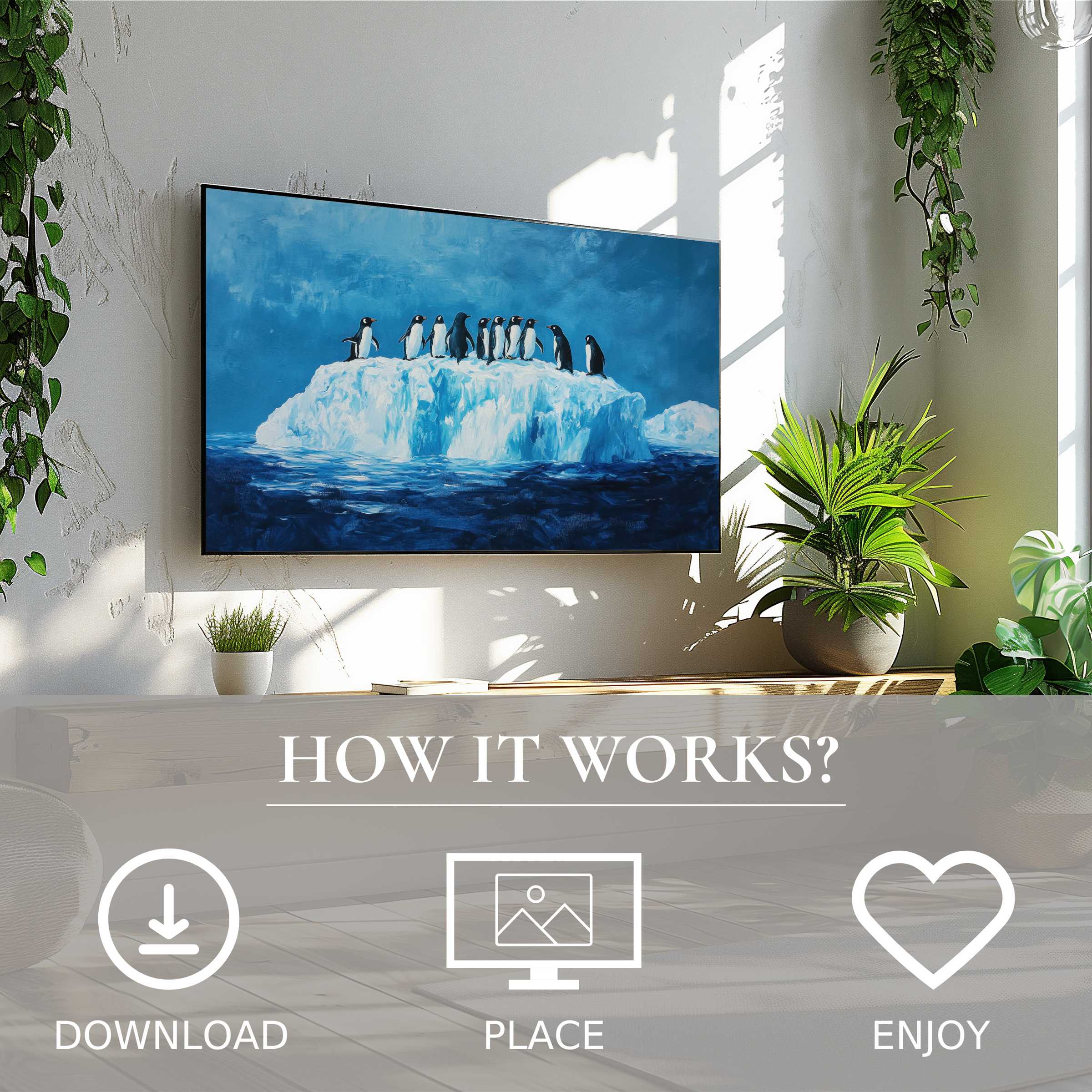 Modern living room with street art for Samsung TV; easy download enhances space with cool iceberg and penguins motif